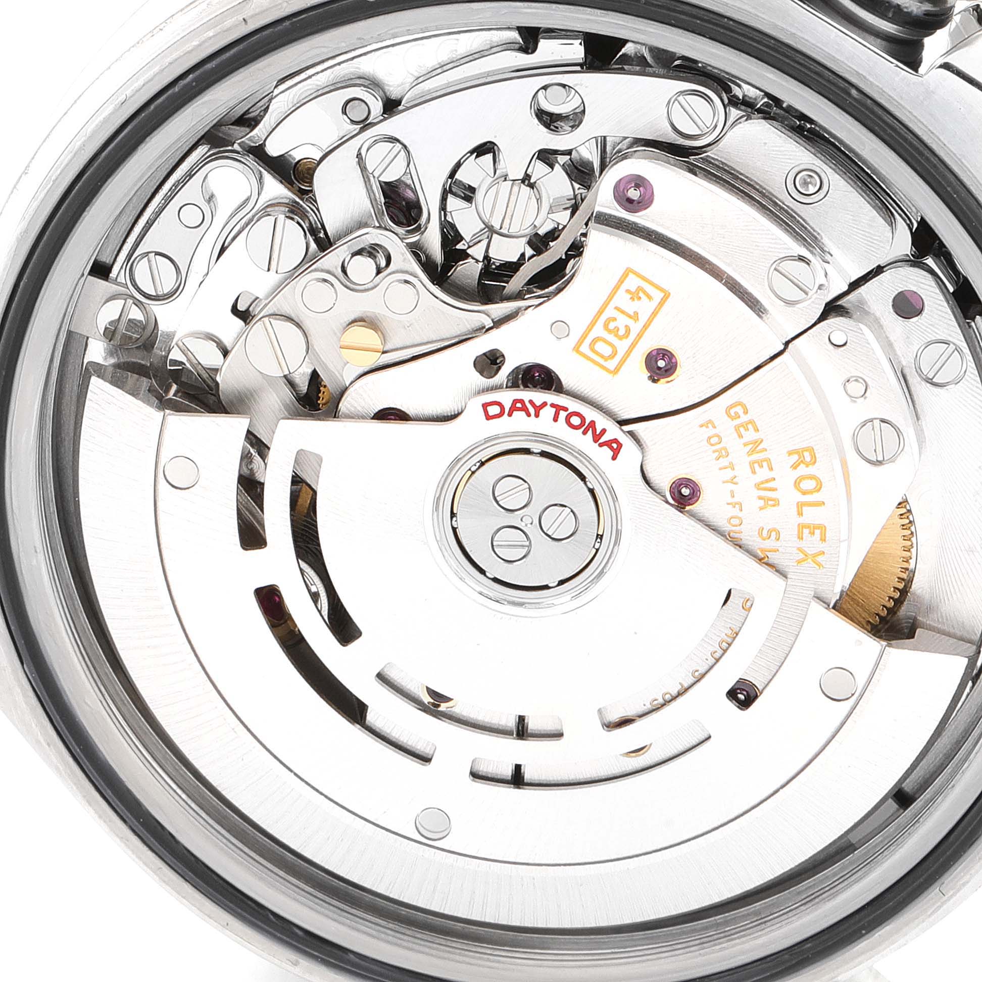 This image shows the intricate internal mechanism of the Rolex Daytona 116520 Men's Stainless Steel Black Dial 116520 Men's Stainless Steel Black Dial watch from a close-up angle.