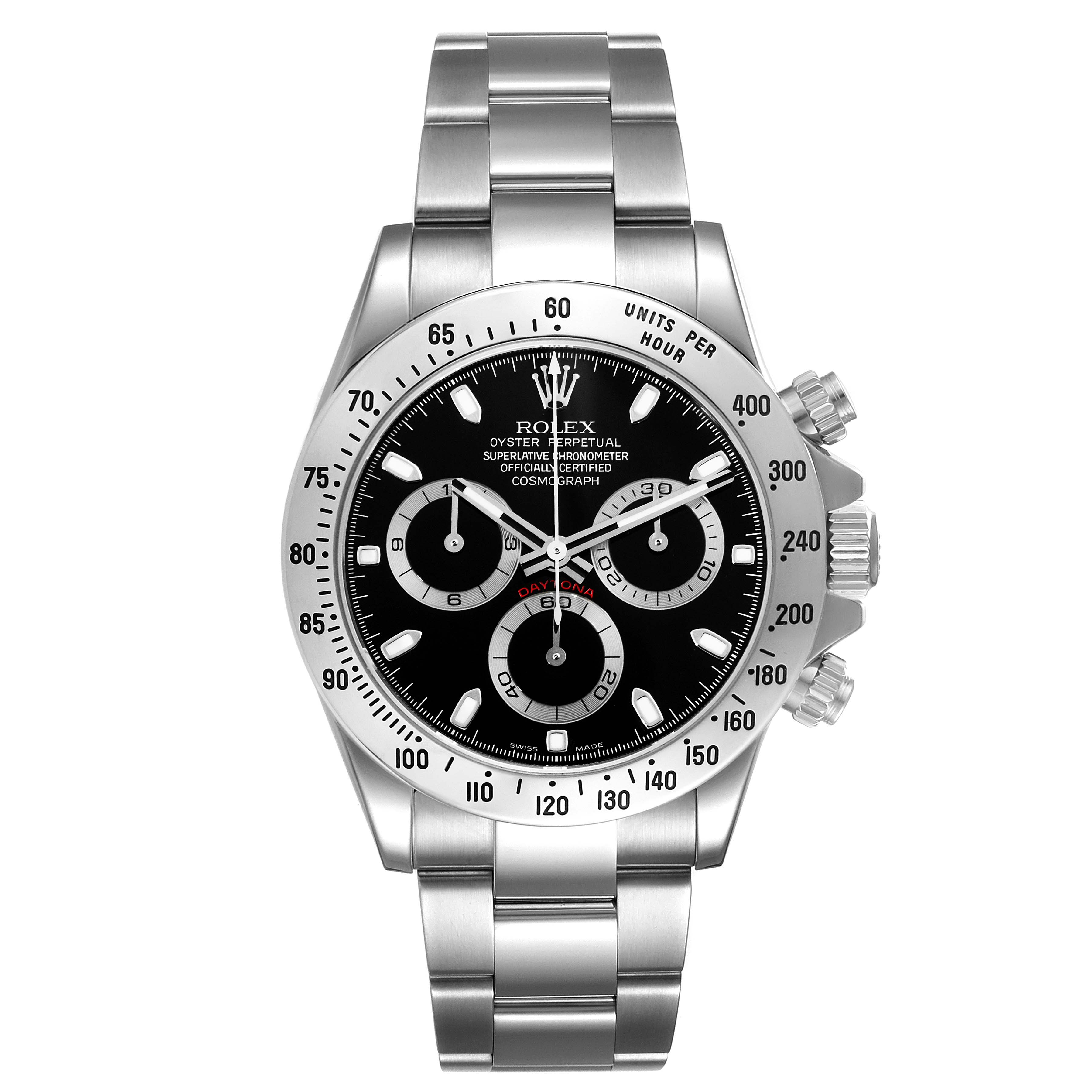 This Rolex Daytona 116520 Men's Stainless Steel Black Dial 116520 Men's Stainless Steel Black Dial watch is shown from the front, displaying the dial, bezel, and bracelet clearly.