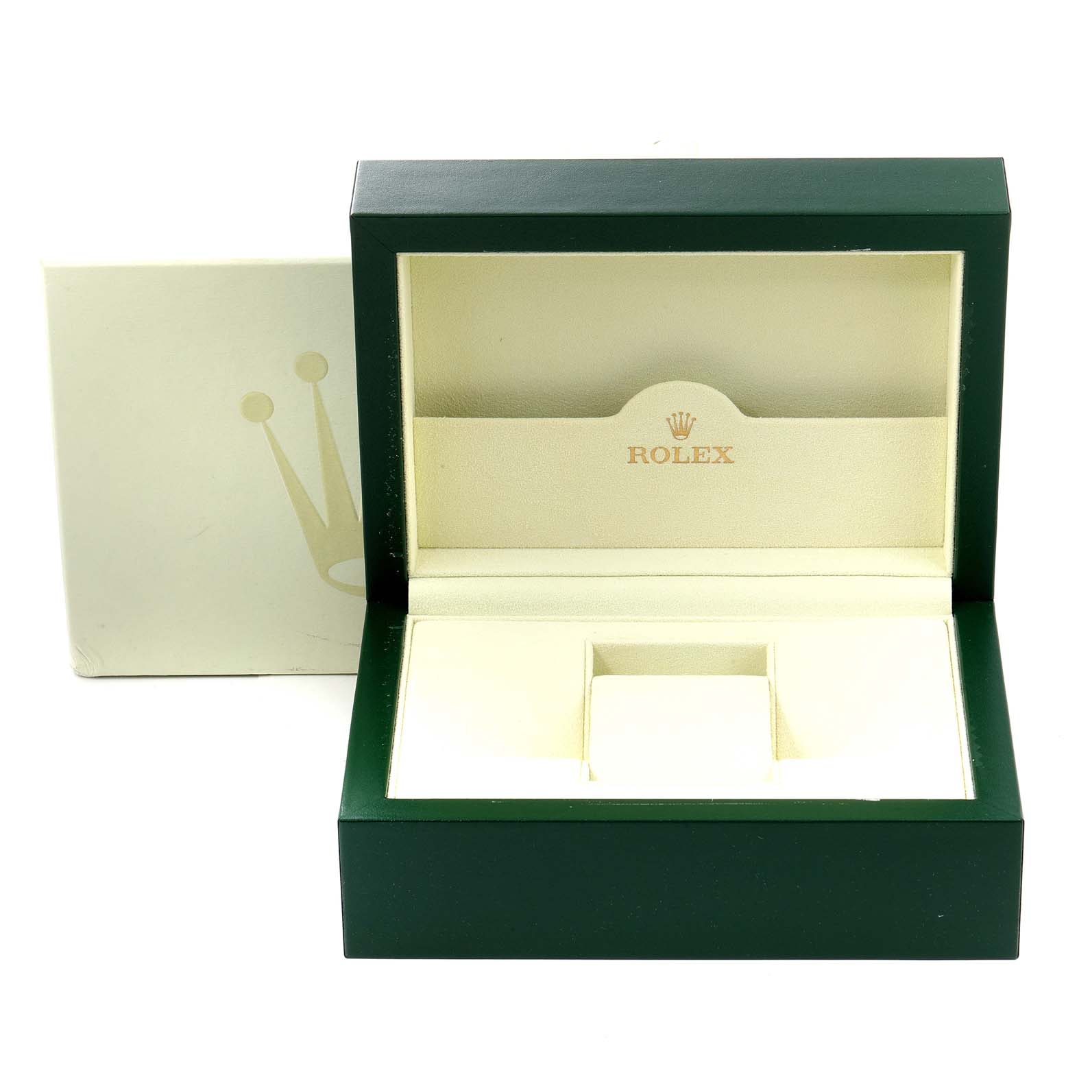 The image shows an empty open green Rolex watch box for the Daytona model, along with the outer cardboard box in the background.
