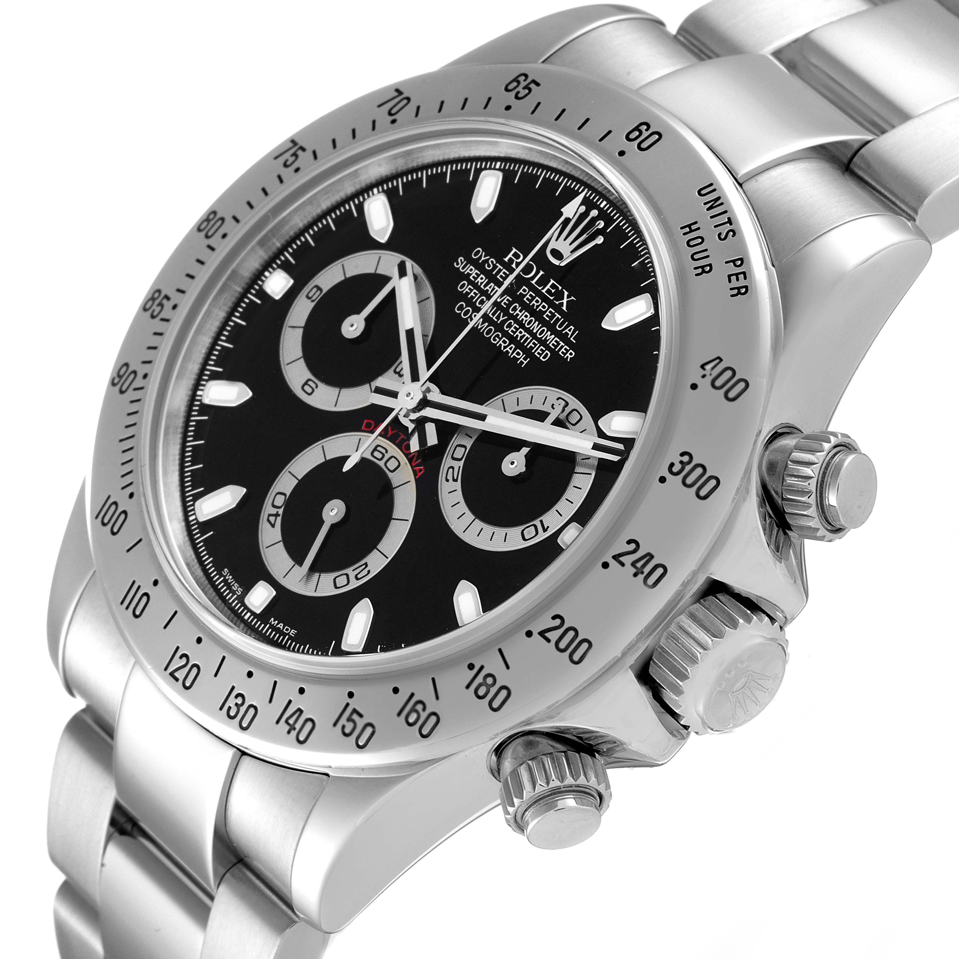 This image shows a close-up, angled view of the Rolex Daytona 116520 Men's Stainless Steel Black Dial 116520 Men's Stainless Steel Black Dial watch, highlighting the chronograph dials, bezel, and crown.