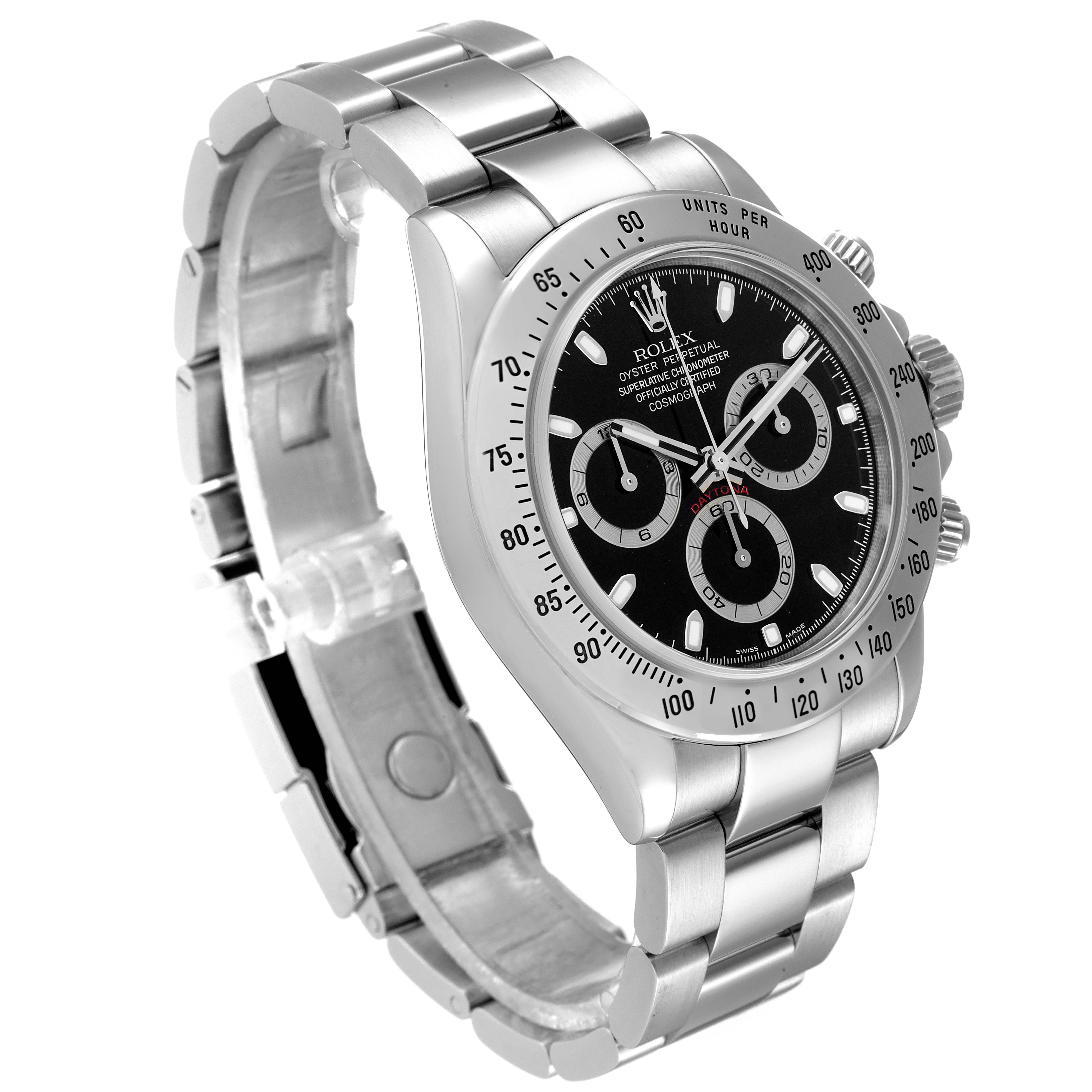 This image shows a Rolex Daytona 116520 Men's Stainless Steel Black Dial 116520 Men's Stainless Steel Black Dial watch at a side angle, displaying its bracelet, face, and bezel clearly.