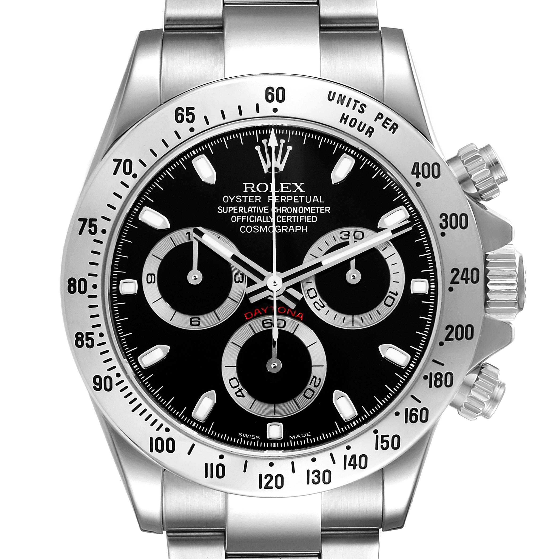 The image shows a front view of a Rolex Daytona 116520 Men's Stainless Steel Black Dial 116520 Men's Stainless Steel Black Dial, displaying the dial, bezel, and chronograph functions.