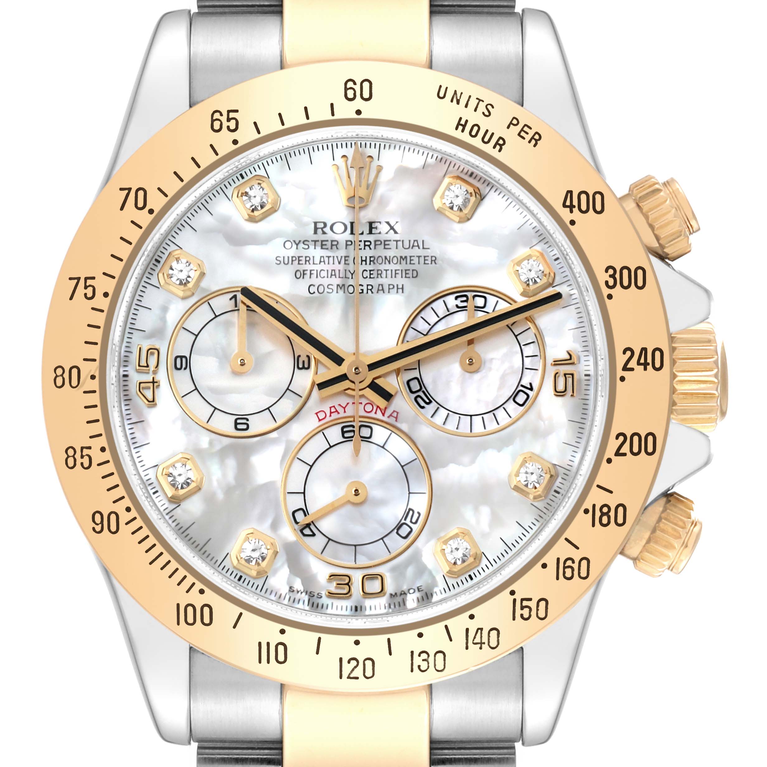 This image shows a front view of a Rolex Daytona 116523 Men's Steel and Gold (two tone) Mother of Pearl Dial 116523 Men's Steel and Gold (two tone) Mother of Pearl Dial watch, highlighting its dial, bezel, and crown.