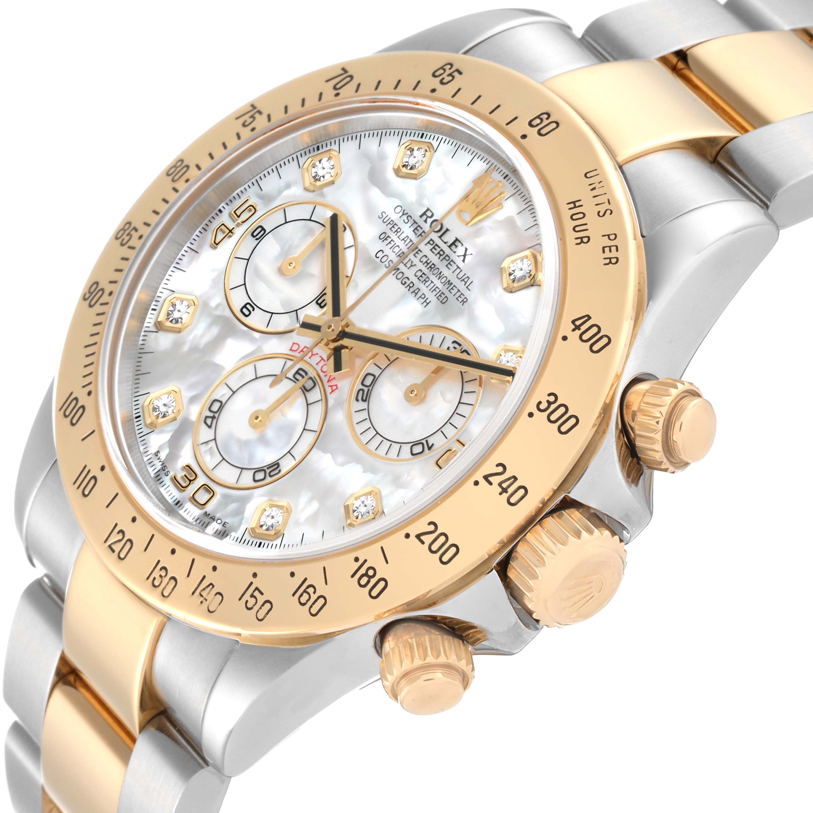 The image shows a detailed angled close-up of the Rolex Daytona 116523 Men's Steel and Gold (two tone) Mother of Pearl Dial 116523 Men's Steel and Gold (two tone) Mother of Pearl Dial watch's face, bezel, and part of the bracelet.