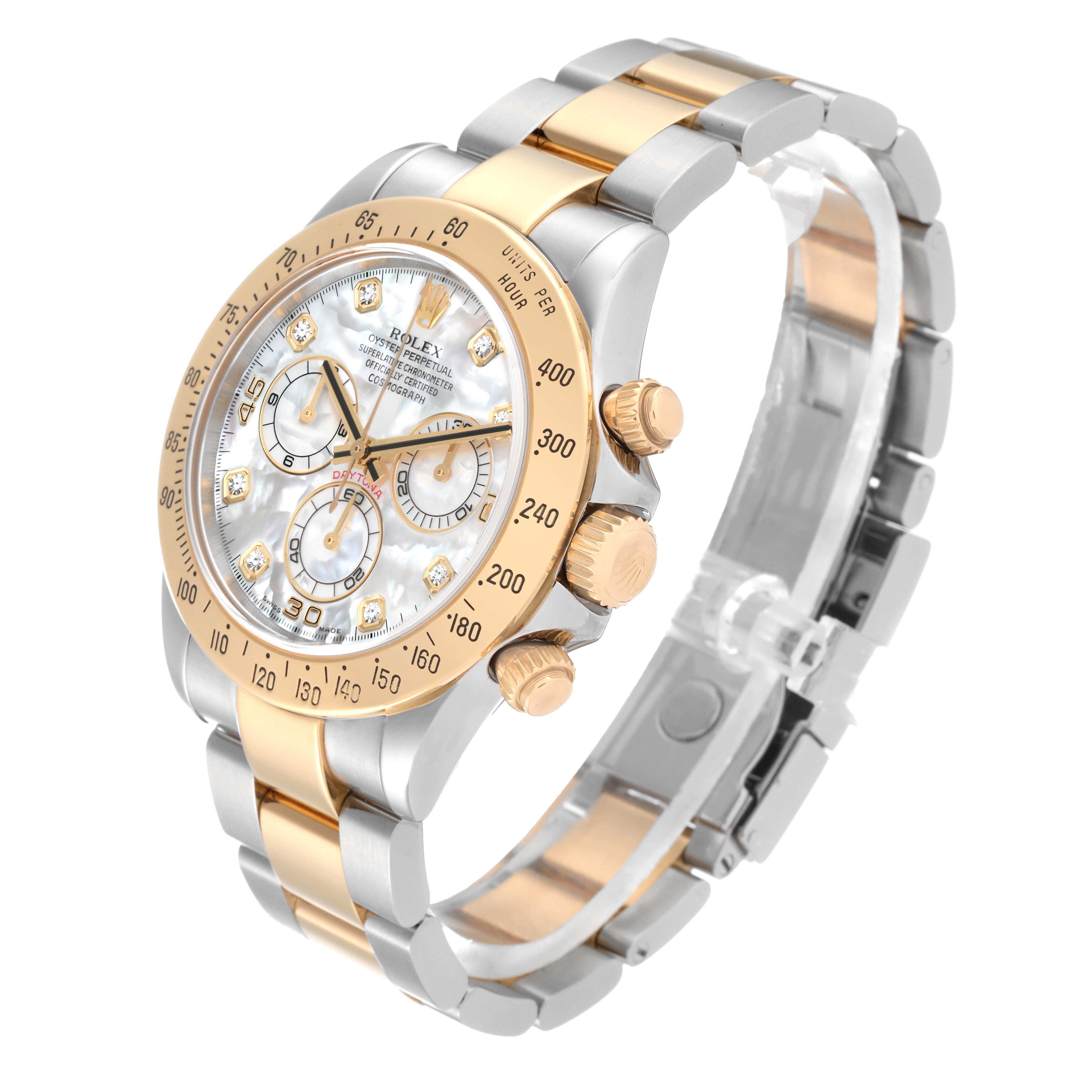 This image shows a Rolex Daytona 116523 Men's Steel and Gold (two tone) Mother of Pearl Dial 116523 Men's Steel and Gold (two tone) Mother of Pearl Dial from a side angle, displaying the two-tone bracelet, bezel, dial, and chronograph buttons.