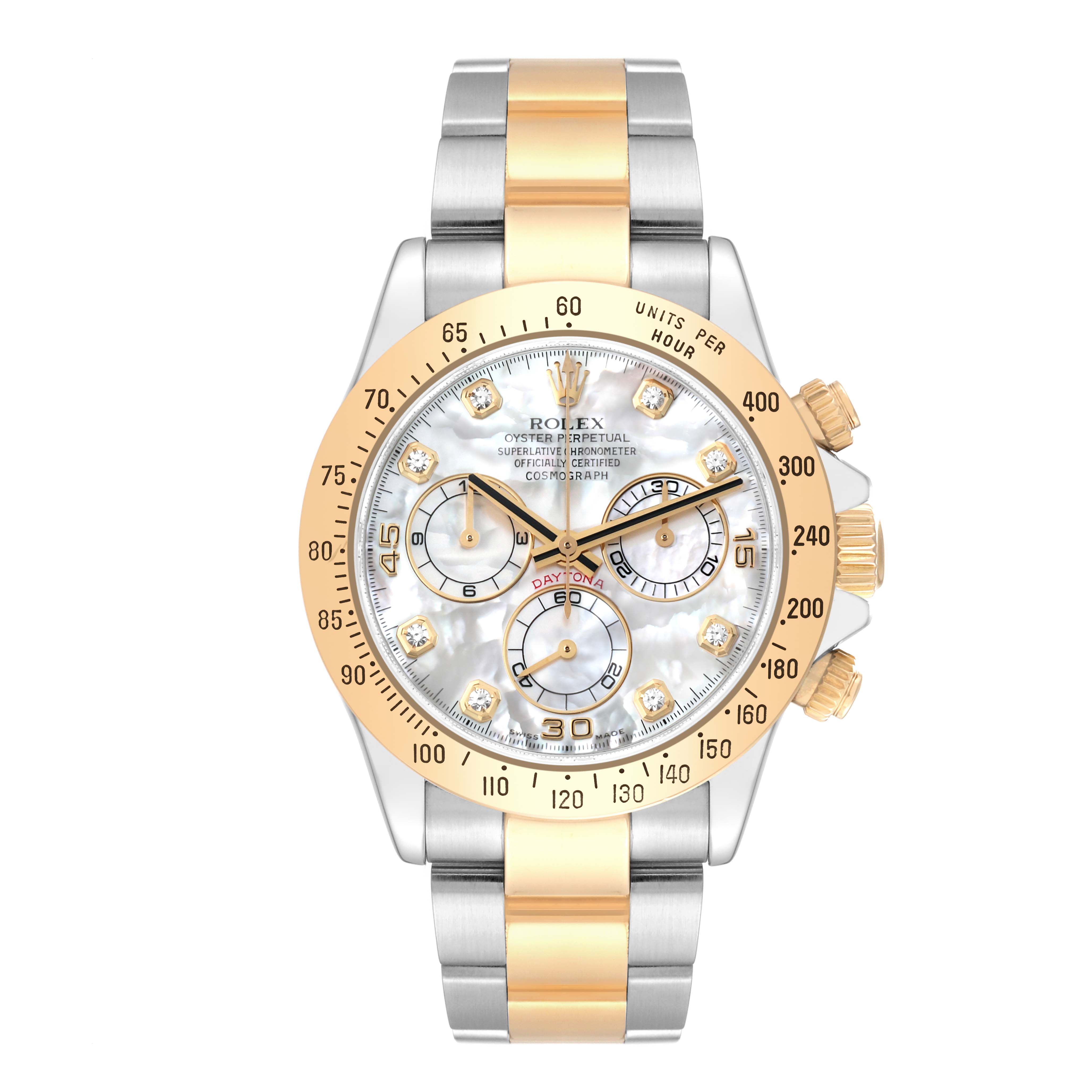 The image shows a frontal view of the Rolex Daytona 116523 Men's Steel and Gold (two tone) Mother of Pearl Dial 116523 Men's Steel and Gold (two tone) Mother of Pearl Dial watch, highlighting its gold and silver bracelet and mother-of-pearl dial.
