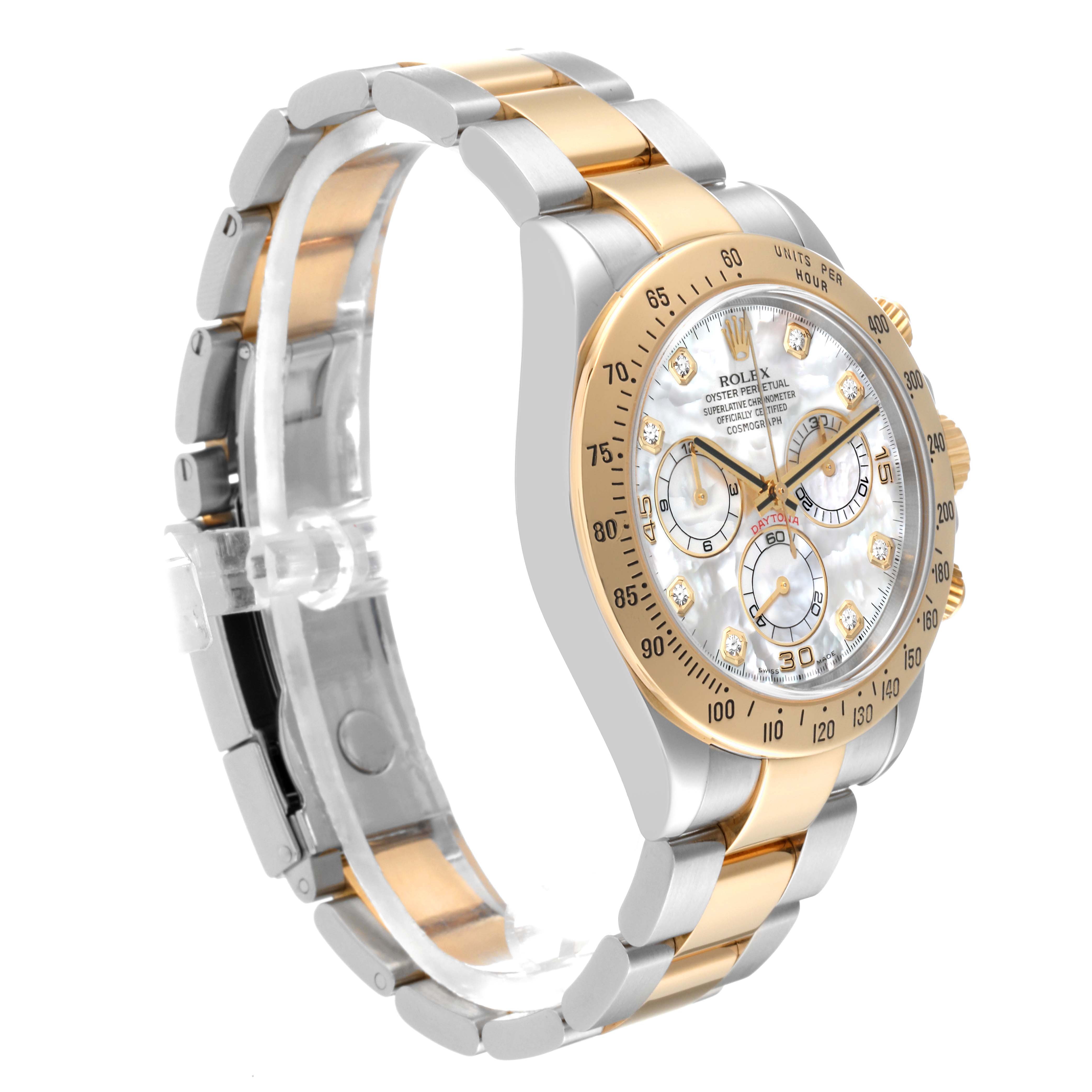 This Rolex Daytona 116523 Men's Steel and Gold (two tone) Mother of Pearl Dial 116523 Men's Steel and Gold (two tone) Mother of Pearl Dial watch is shown at an angle displaying the face, bezel, and two-tone bracelet.