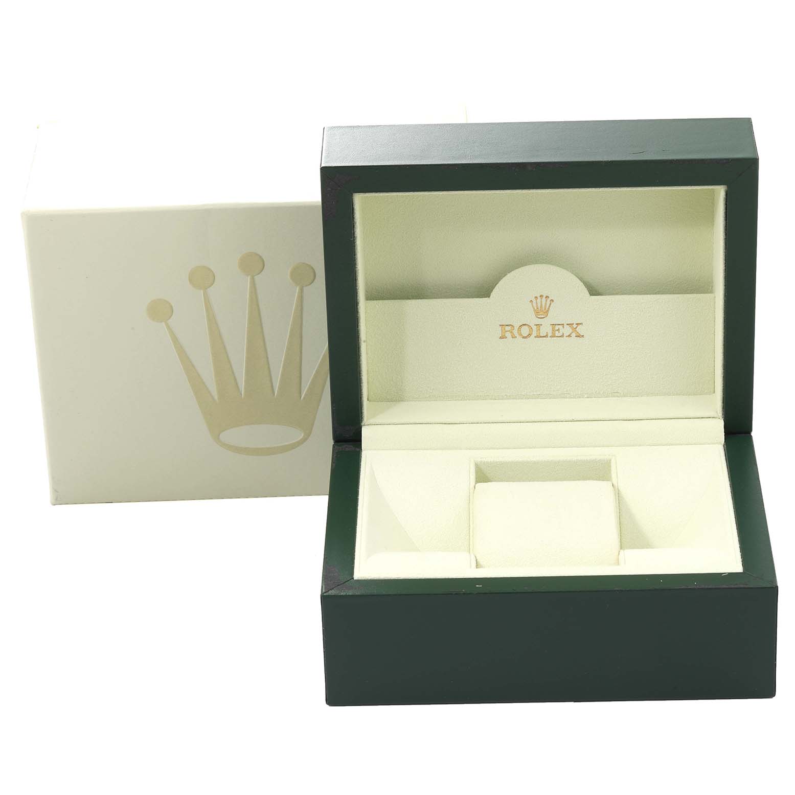 This is the open presentation box for a Rolex Daytona 116523 Men's Steel and Gold (two tone) Mother of Pearl Dial 116523 Men's Steel and Gold (two tone) Mother of Pearl Dial model watch, showing the interior compartments.