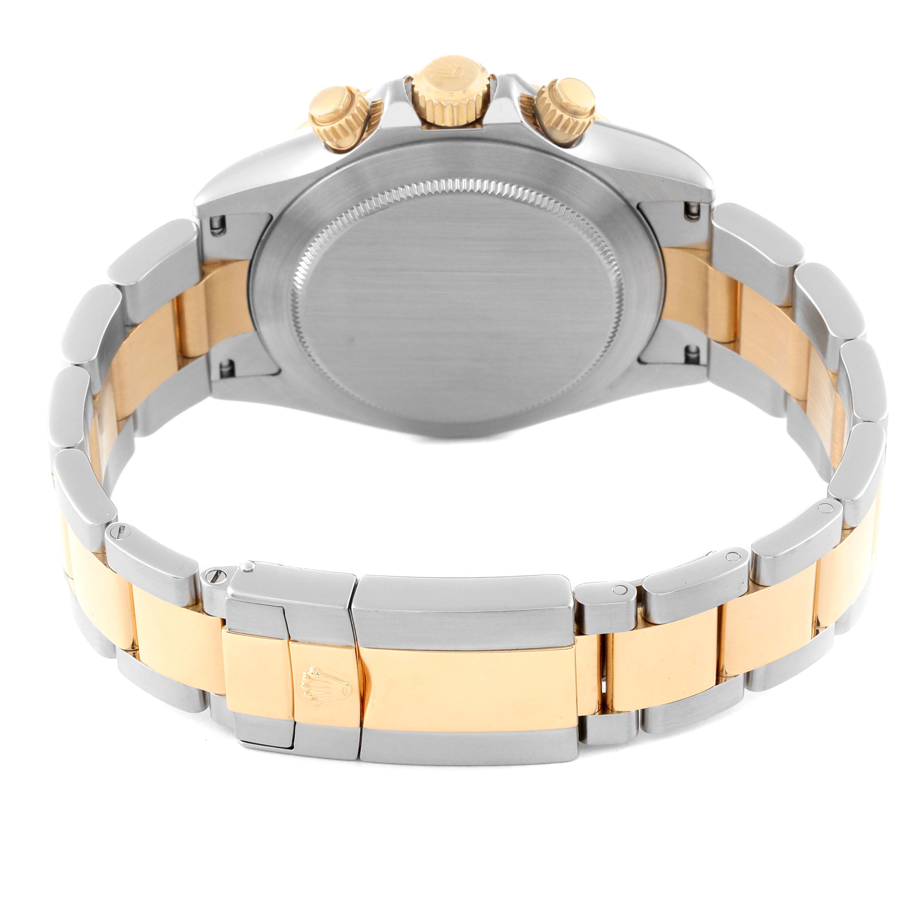 This image shows the back and band of a Rolex Daytona 116523 Men's Steel and Gold (two tone) Mother of Pearl Dial 116523 Men's Steel and Gold (two tone) Mother of Pearl Dial watch, highlighting the two-tone metal finish and clasp.