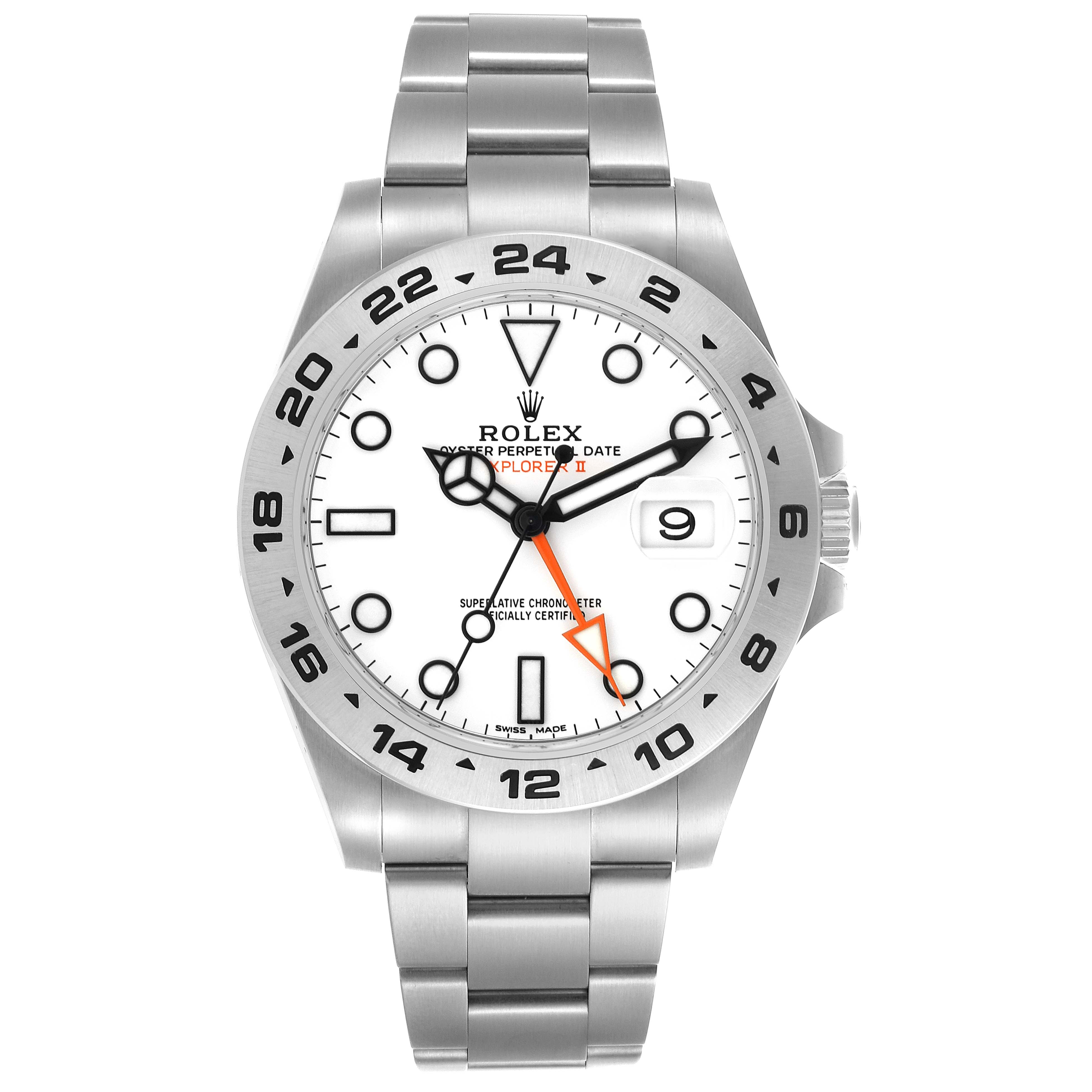 The Rolex Explorer 216570 Men's Stainless Steel White Dial 216570 Men's Stainless Steel White Dial watch is shown from a top-down angle, displaying the bezel, dial, hands, and bracelet.