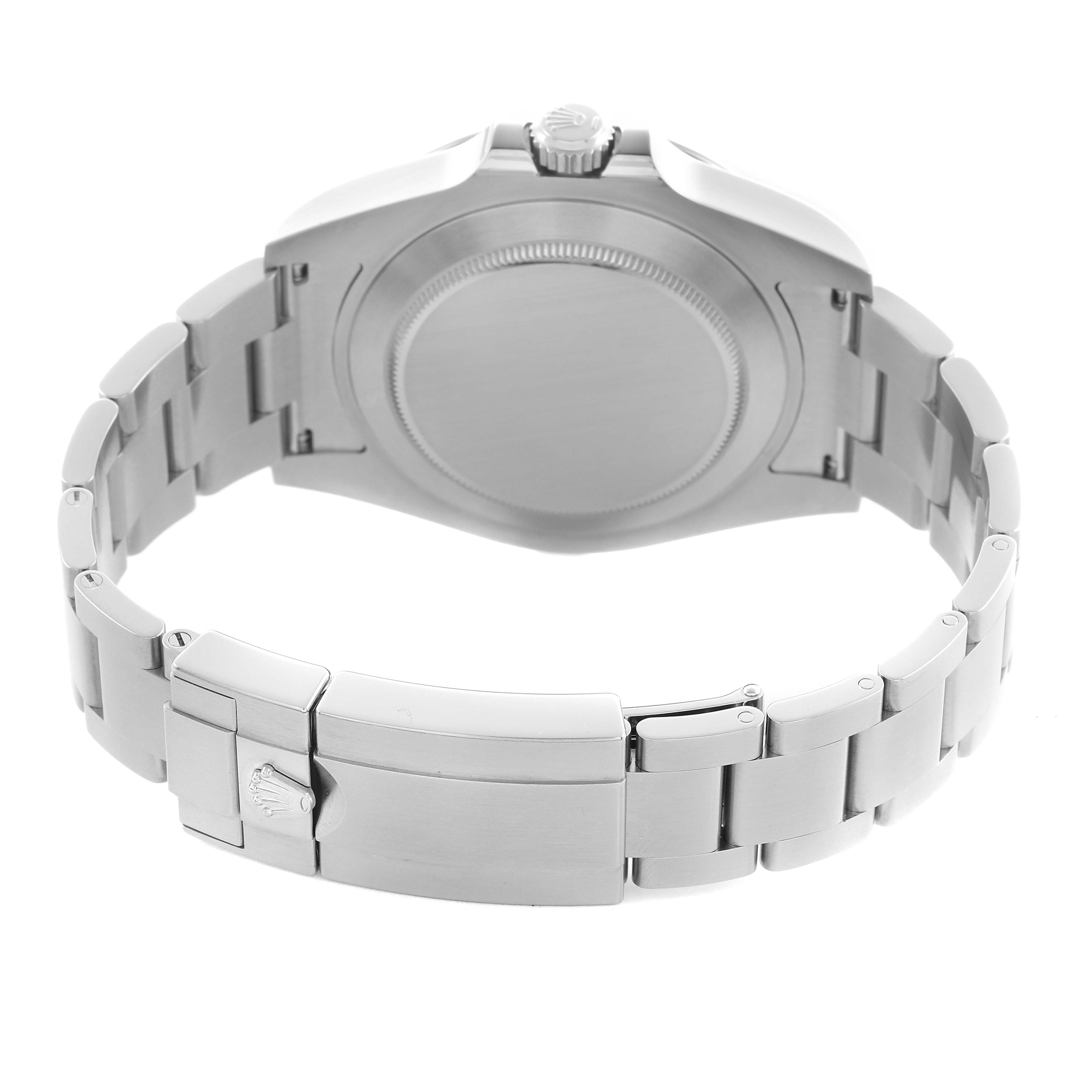 The image shows the back view of the Rolex Explorer 216570 Men's Stainless Steel White Dial 216570 Men's Stainless Steel White Dial watch, highlighting the case back and bracelet clasp.