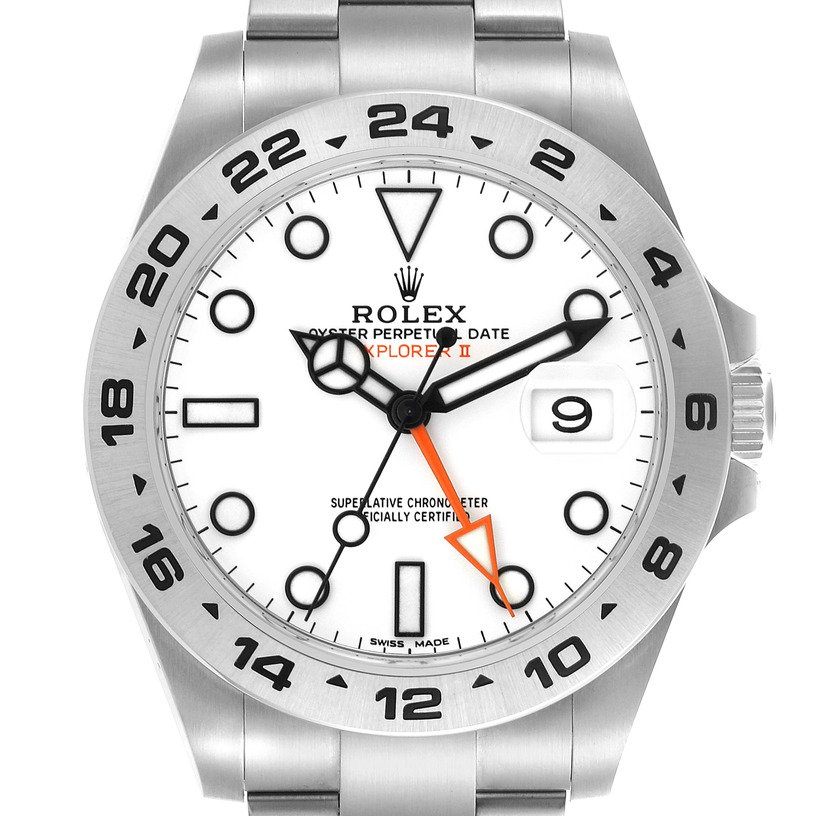 The Rolex Explorer 216570 Men's Stainless Steel White Dial 216570 Men's Stainless Steel White Dial watch is shown from the front, displaying its face, bezel, hands, and part of the bracelet.