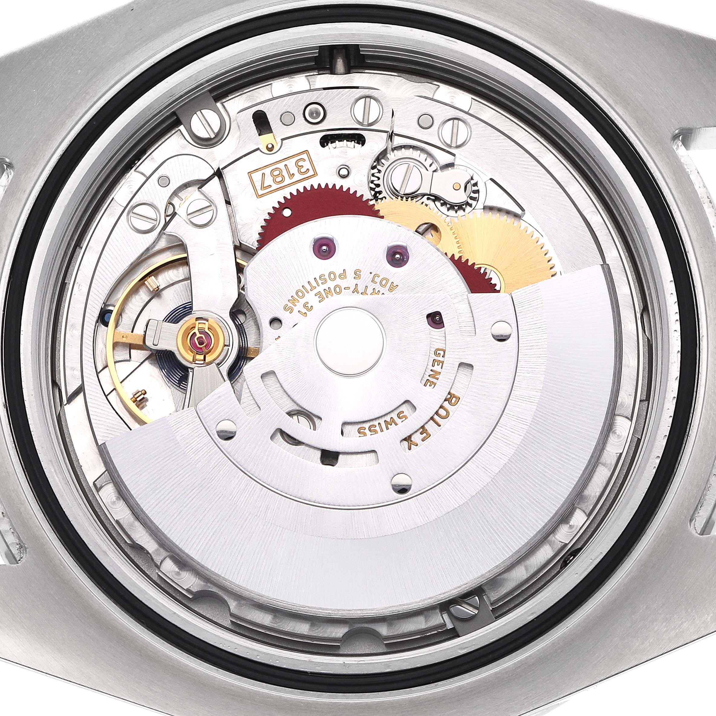 The image shows the movement of a Rolex Explorer 216570 Men's Stainless Steel White Dial 216570 Men's Stainless Steel White Dial watch, viewed from the back, displaying gears and components.