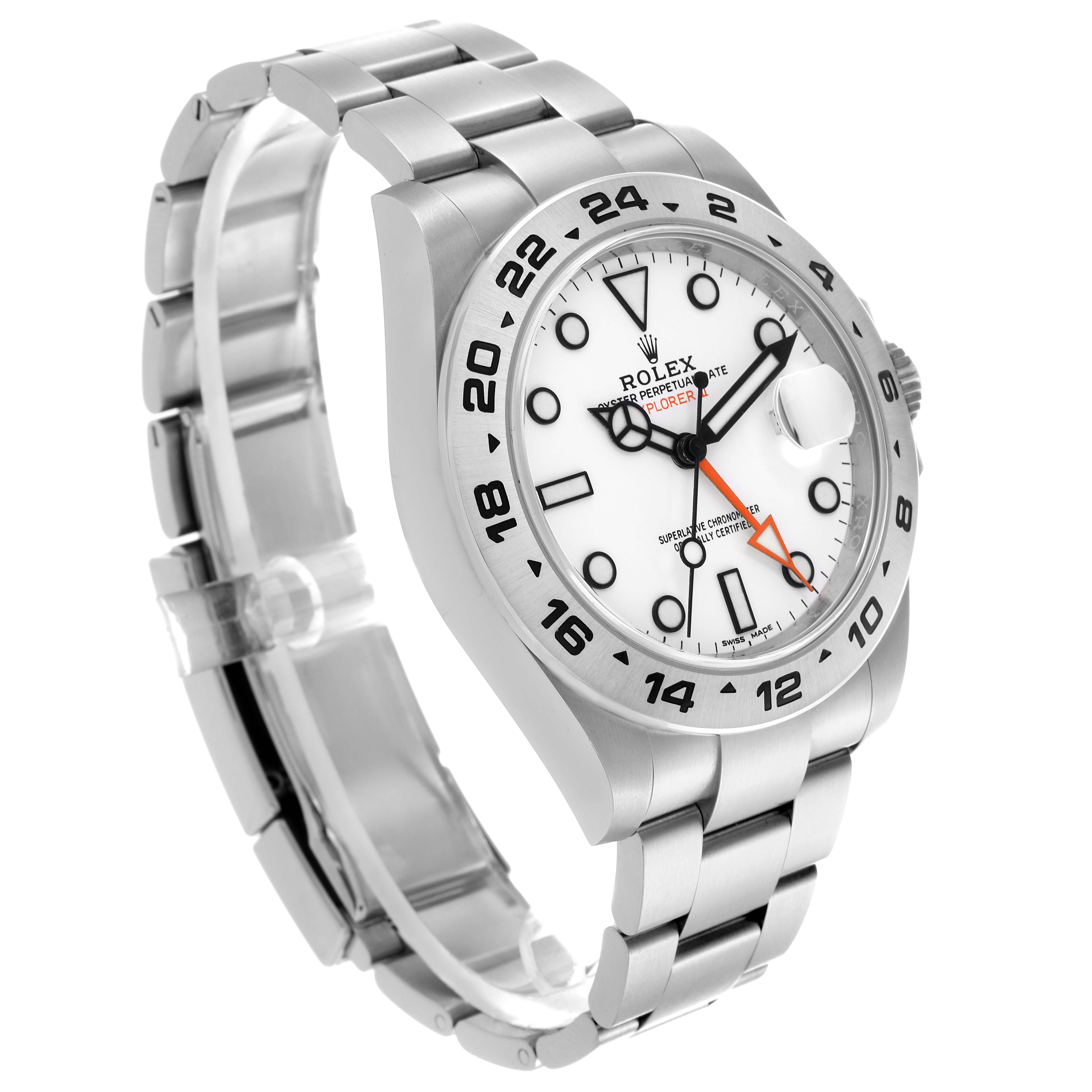 The Rolex Explorer 216570 Men's Stainless Steel White Dial 216570 Men's Stainless Steel White Dial watch is angled to show the side and front, highlighting the face, bezel, crown, and bracelet.