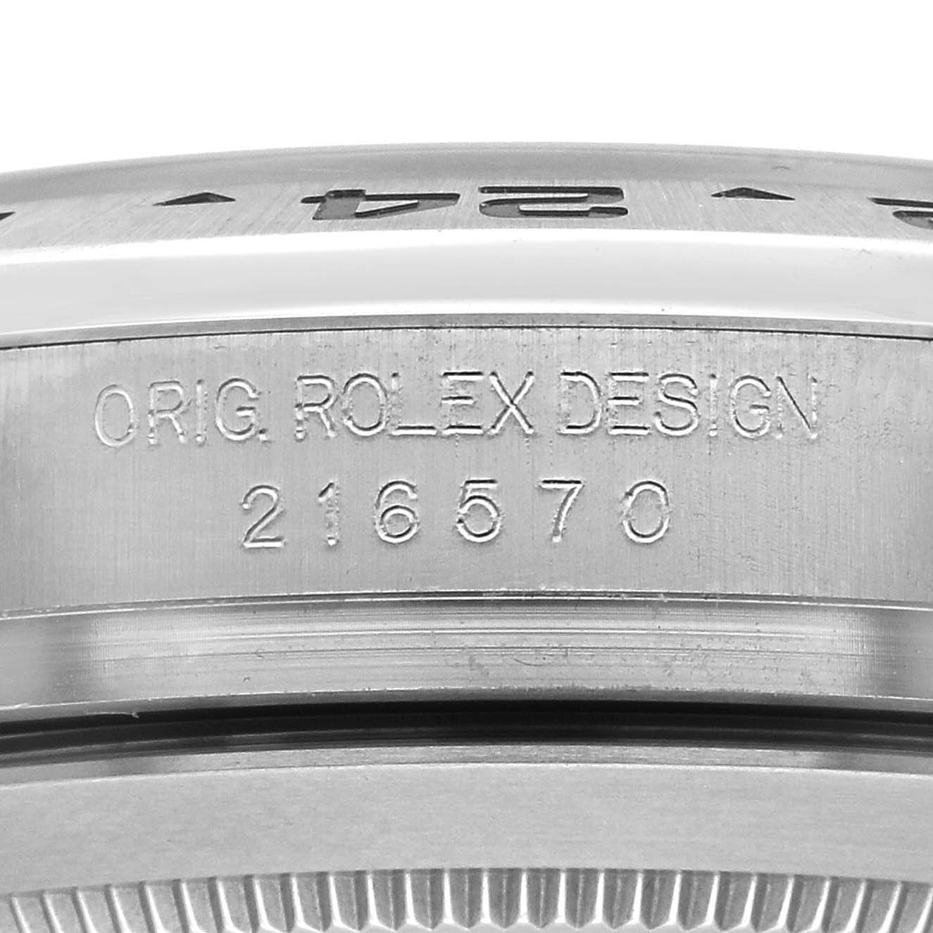 The image shows the side view of a Rolex Explorer 216570 Men's Stainless Steel White Dial 216570 Men's Stainless Steel White Dial watch case, highlighting the engraved model number "216570" and design details.