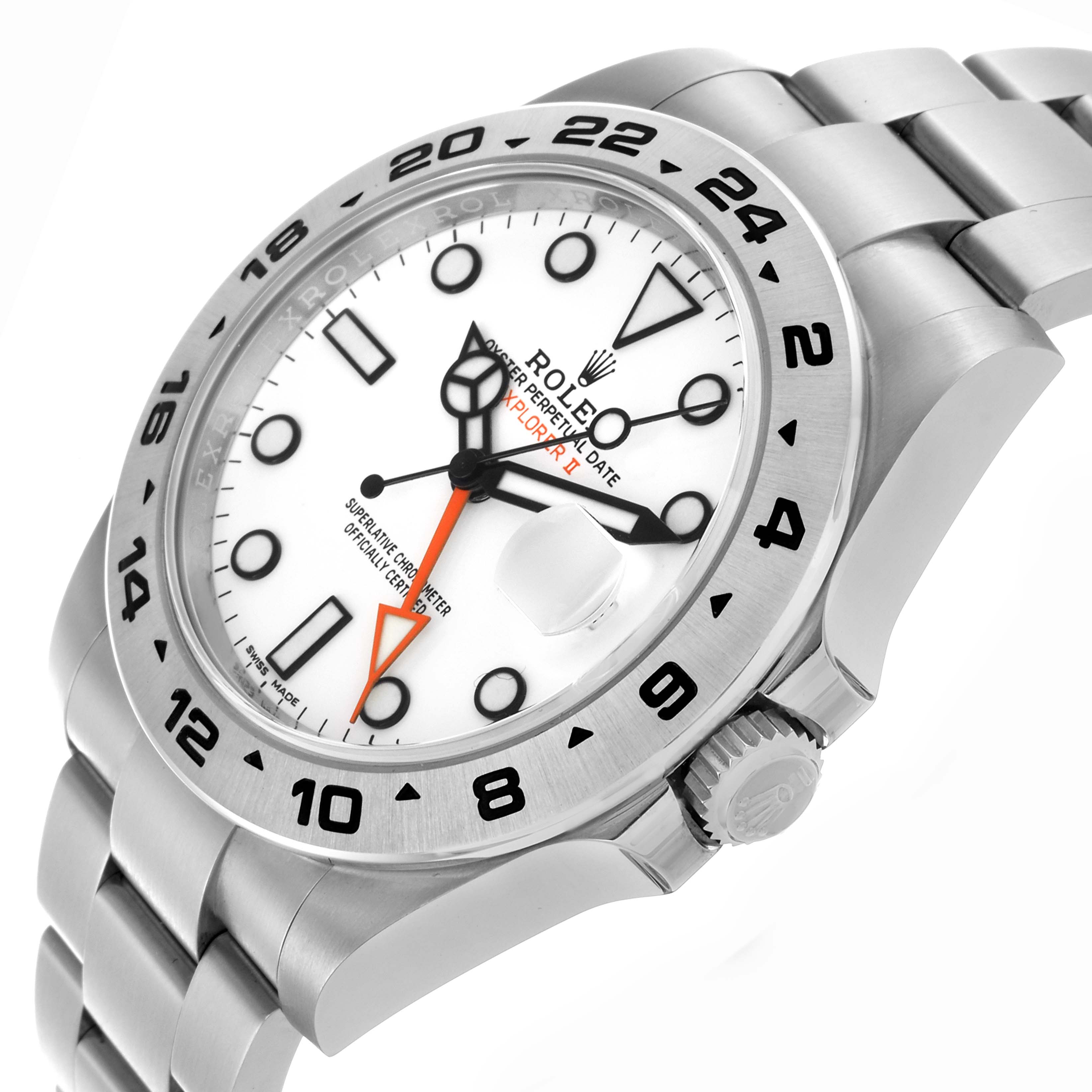 The Rolex Explorer 216570 Men's Stainless Steel White Dial 216570 Men's Stainless Steel White Dial watch is shown at a three-quarter angle, highlighting its face, bezel, and bracelet.
