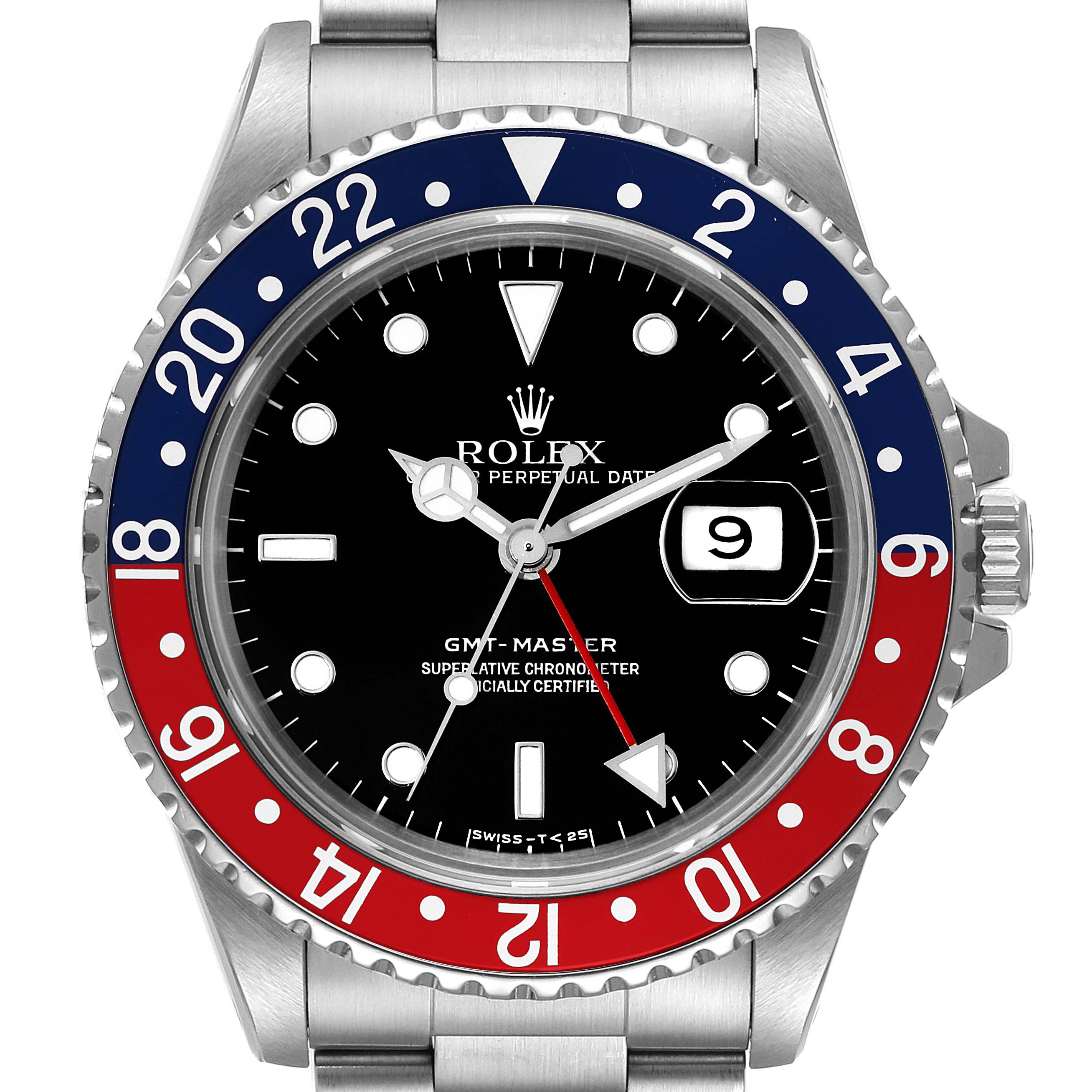 This image shows a frontal view of a Rolex GMT-Master 16700 Men
s Stainless Steel Black Dial 16700 Men
s Stainless Steel Black Dial watch, highlighting its bezel, dial, and bracelet.