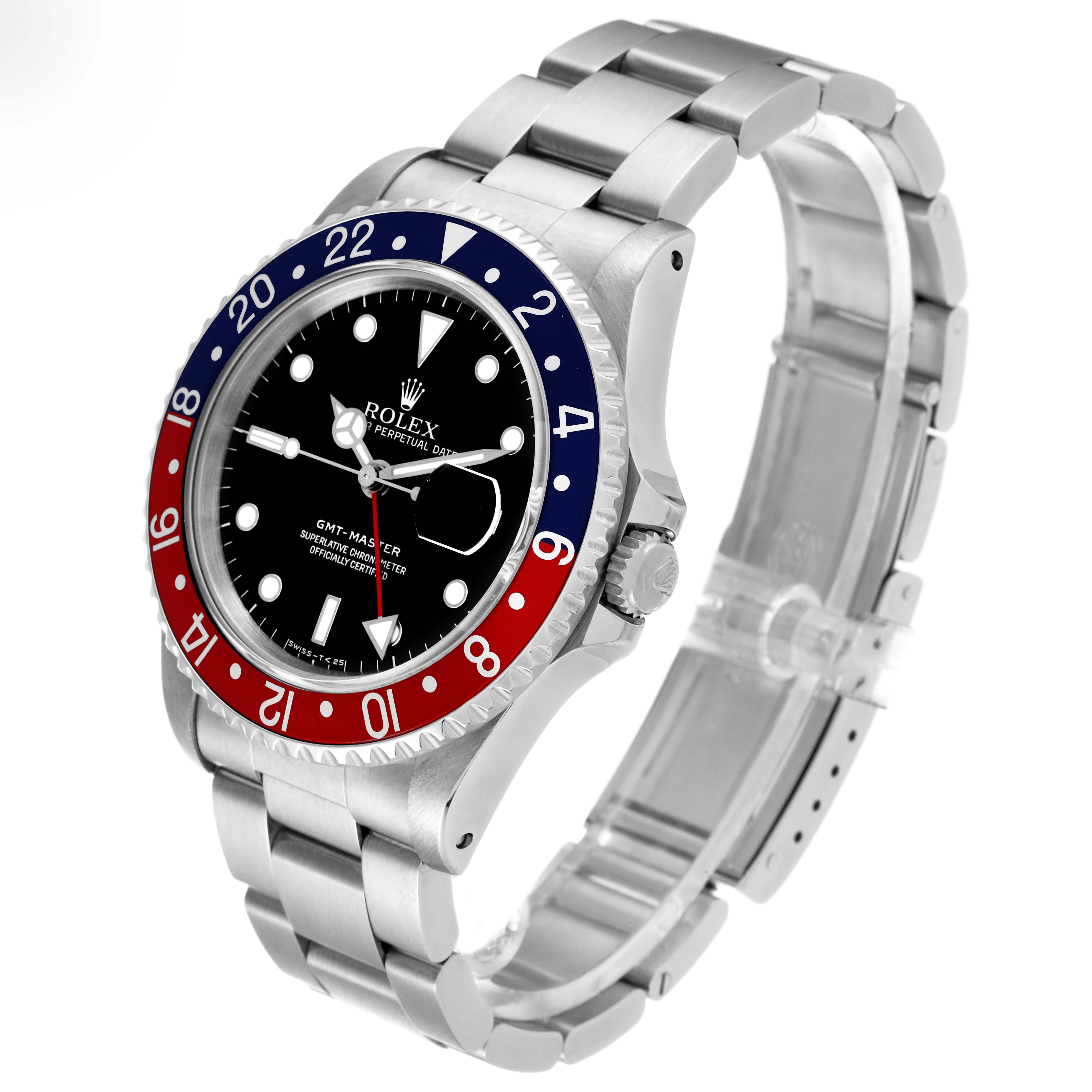 The Rolex GMT-Master 16700 Men
s Stainless Steel Black Dial 16700 Men
s Stainless Steel Black Dial watch is shown from a slight angle, showcasing the bezel, face, and stainless steel bracelet.