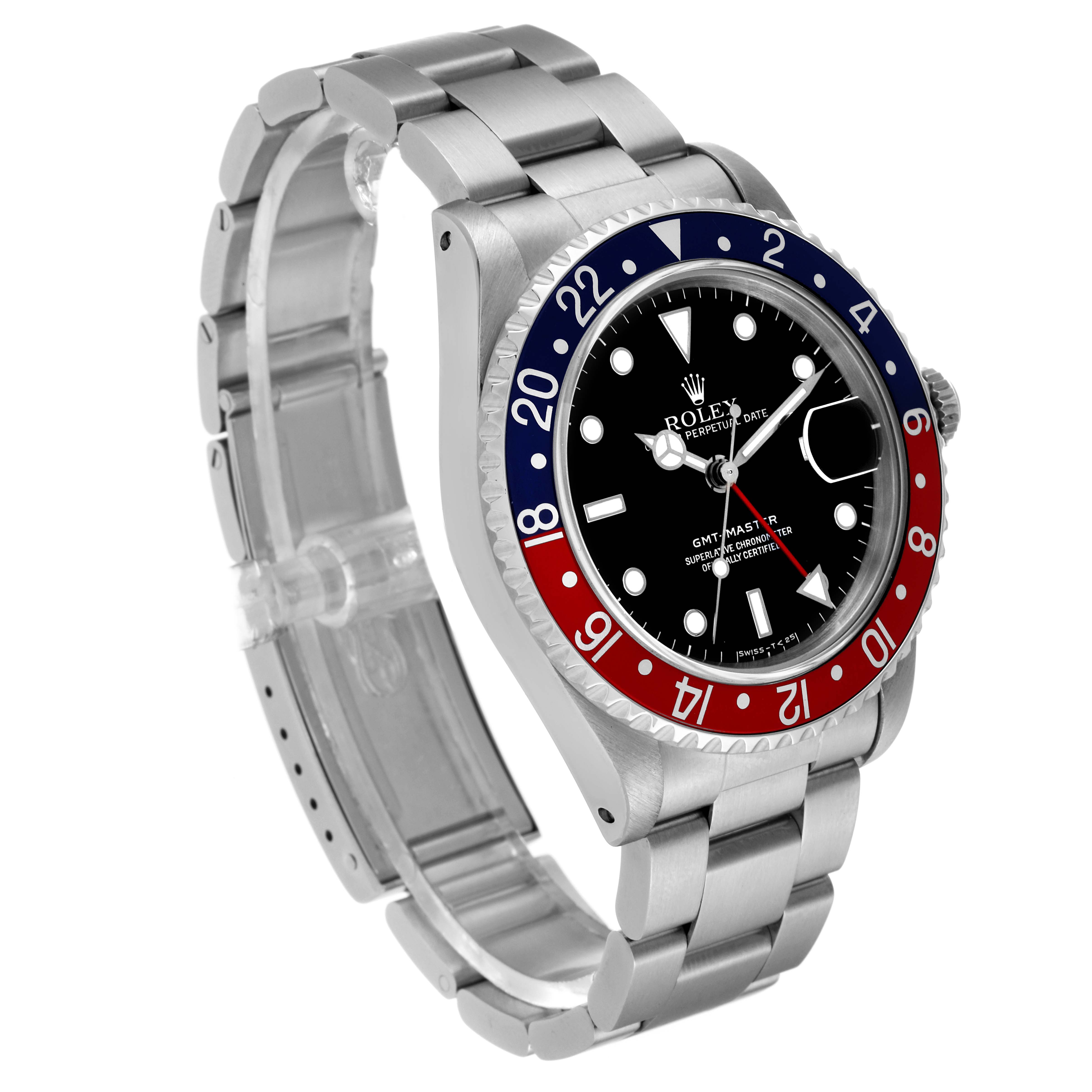 The image shows a Rolex GMT-Master 16700 Men
s Stainless Steel Black Dial 16700 Men
s Stainless Steel Black Dial watch at an angle highlighting its face, bezel, and bracelet.