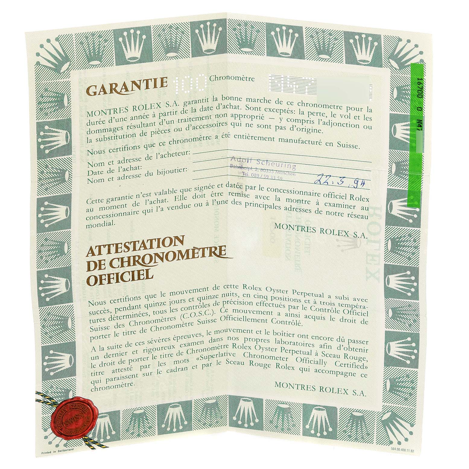 The image shows the warranty and official chronometer certification for a Rolex GMT-Master 16700 Men
s Stainless Steel Black Dial 16700 Men
s Stainless Steel Black Dial watch.