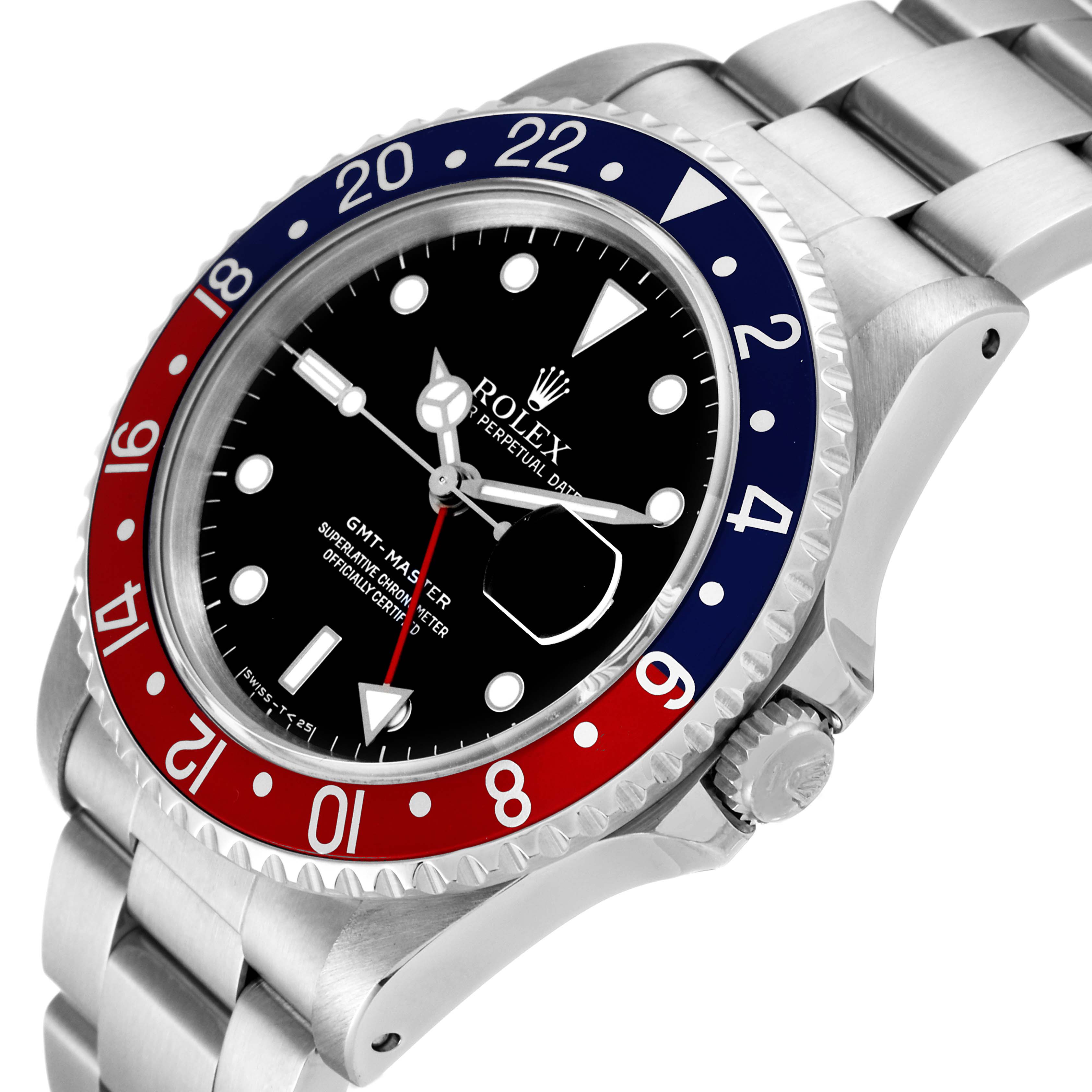 The image shows a Rolex GMT-Master 16700 Men
s Stainless Steel Black Dial 16700 Men
s Stainless Steel Black Dial watch at an angled view, highlighting the bezel, dial, crown, and part of the bracelet.