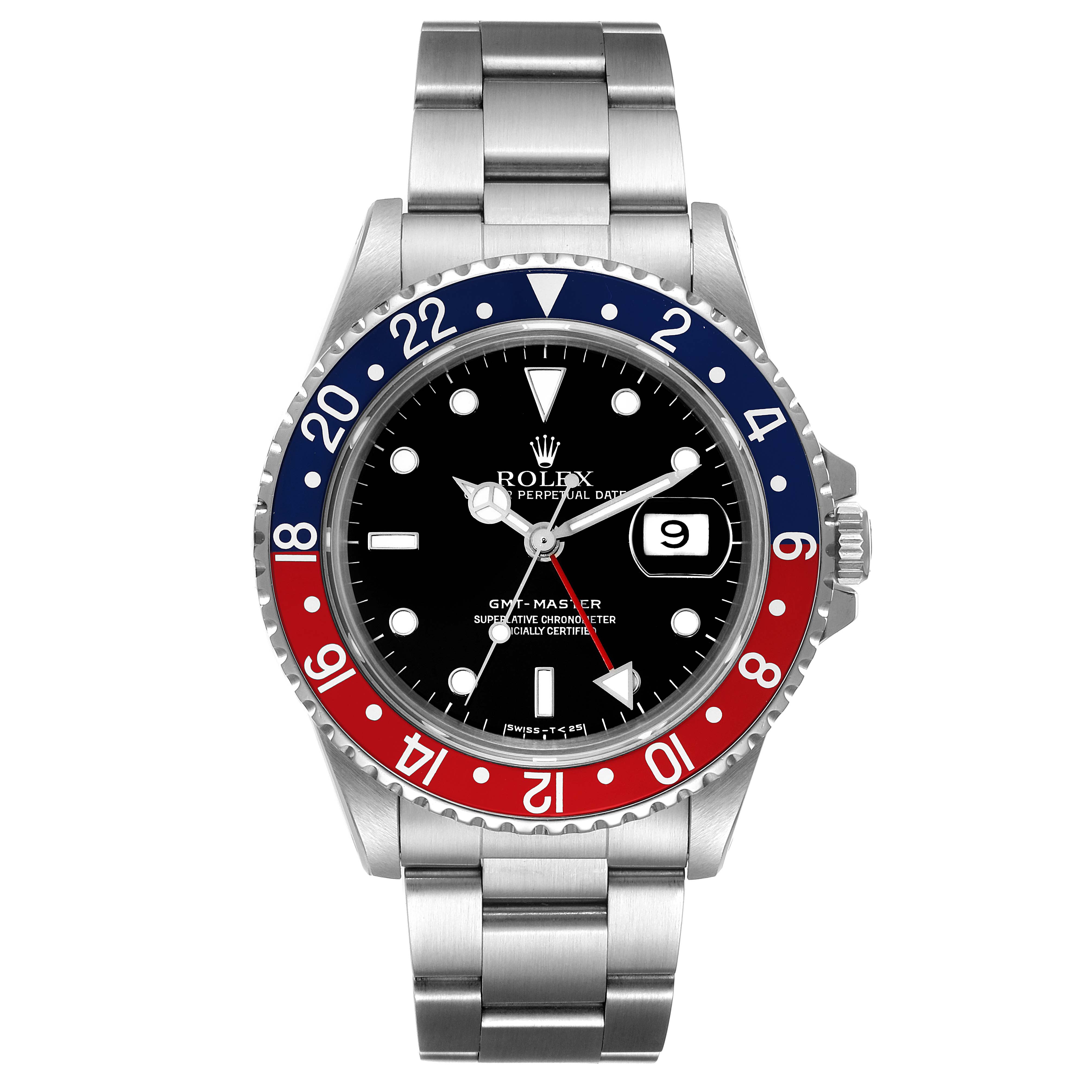 The Rolex GMT-Master 16700 Men
s Stainless Steel Black Dial 16700 Men
s Stainless Steel Black Dial watch is shown from a top-down angle, displaying the dial, bezel, and bracelet.