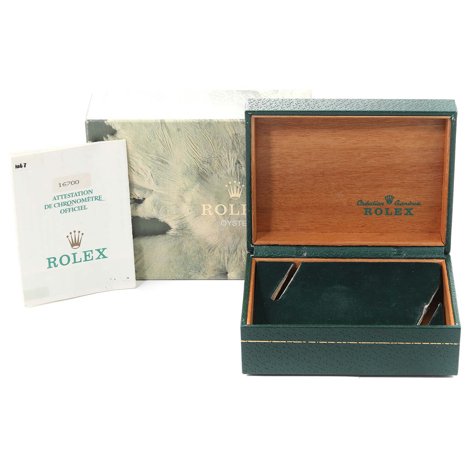 The image shows the box and certificate for a Rolex GMT-Master 16700 Men
s Stainless Steel Black Dial 16700 Men
s Stainless Steel Black Dial watch, including the outer box, inner presentation box, and documentation.