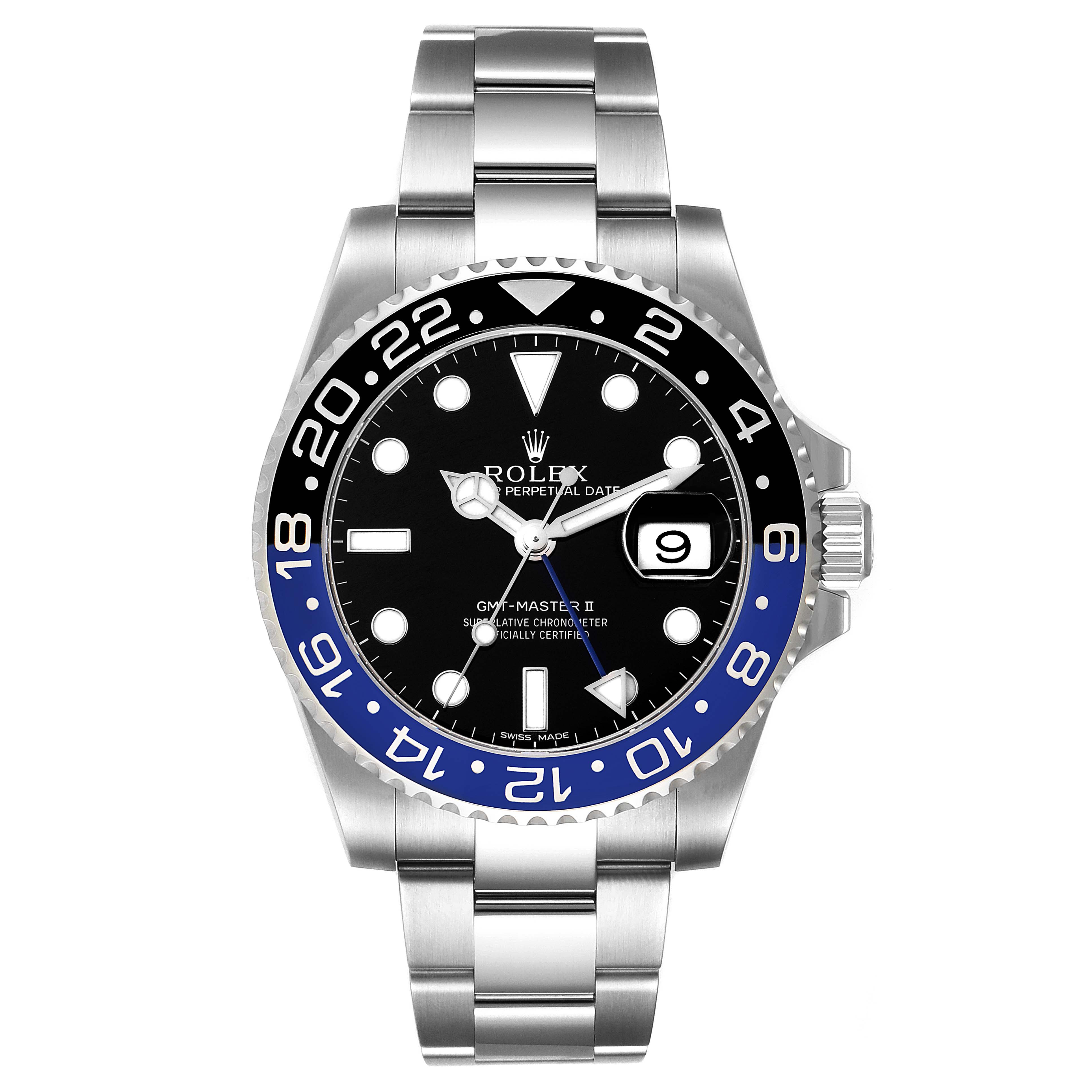 The image shows a front view of the Rolex GMT-Master 116710 Men's Stainless Steel Black Dial 116710 Men's Stainless Steel Black Dial II watch, highlighting its bezel, dial, and bracelet.