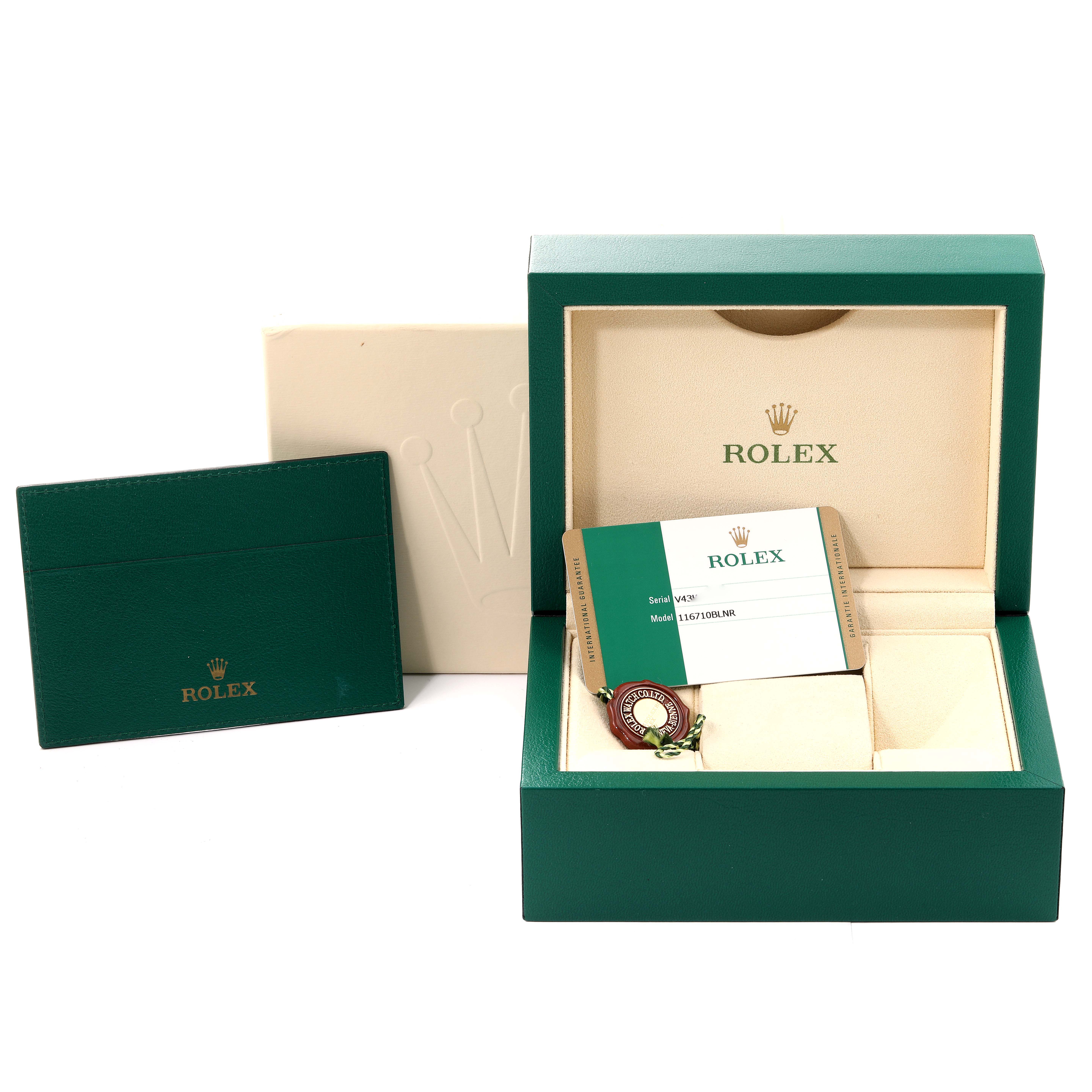 This image shows a Rolex GMT-Master 116710 Men's Stainless Steel Black Dial 116710 Men's Stainless Steel Black Dial watch box, along with a warranty card, tag, and cardholder.