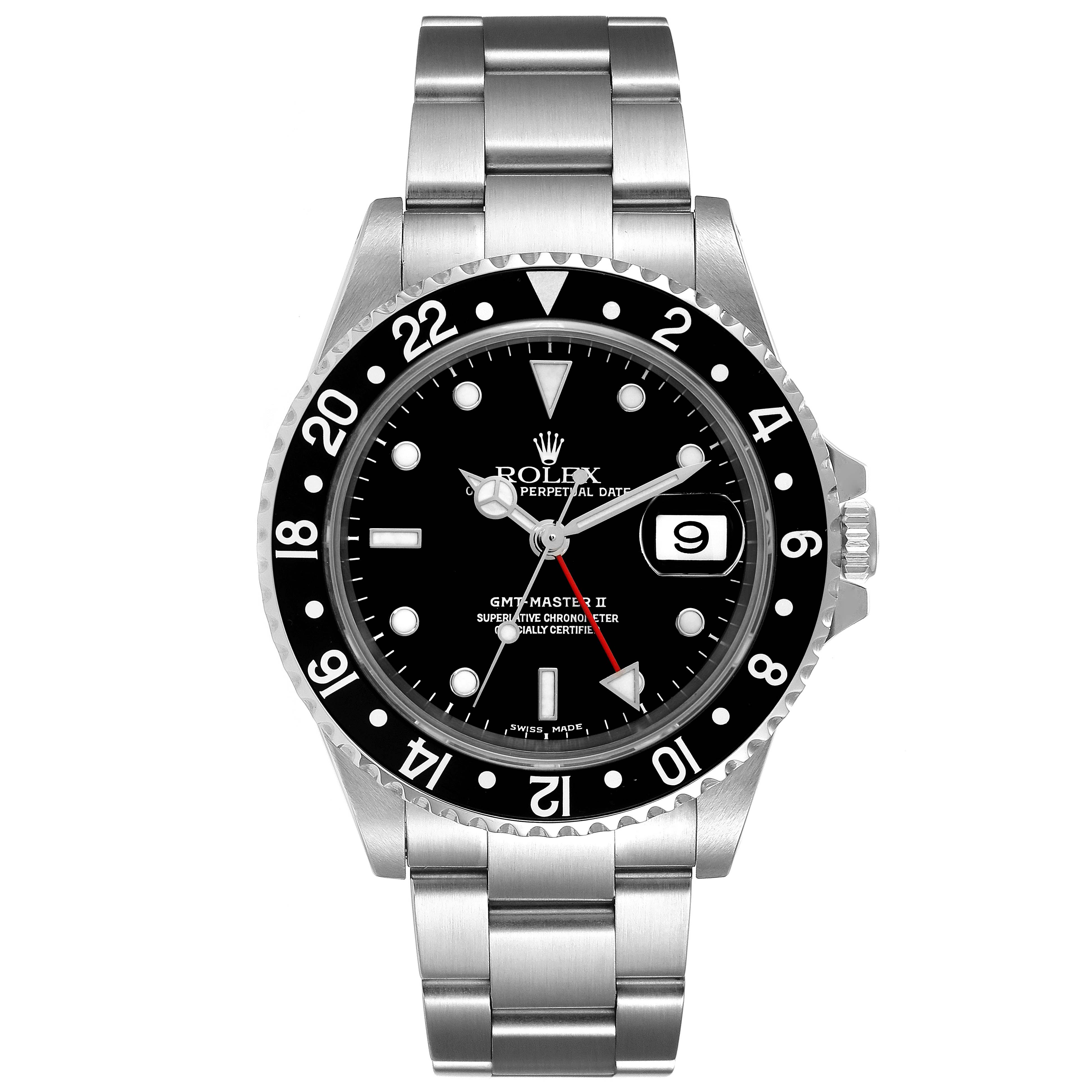The image shows a frontal view of a Rolex GMT-Master 16710 Men's Stainless Steel Black Dial 16710 Men's Stainless Steel Black Dial II watch, highlighting its dial, bezel, date window, and stainless steel bracelet.