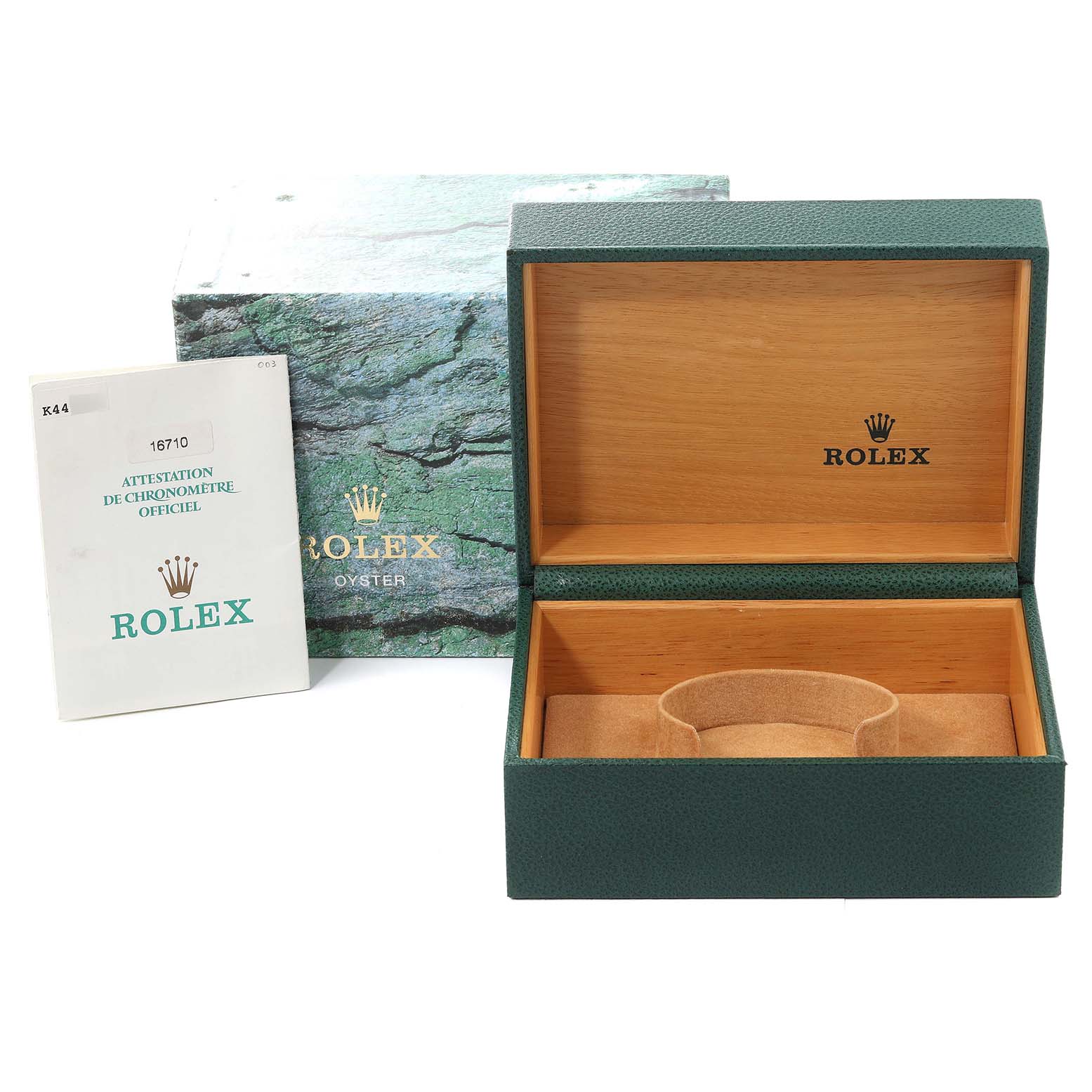 The image shows an open green and wood Rolex box, along with an external box and documentation for the Rolex GMT-Master 16710 Men's Stainless Steel Black Dial 16710 Men's Stainless Steel Black Dial model.