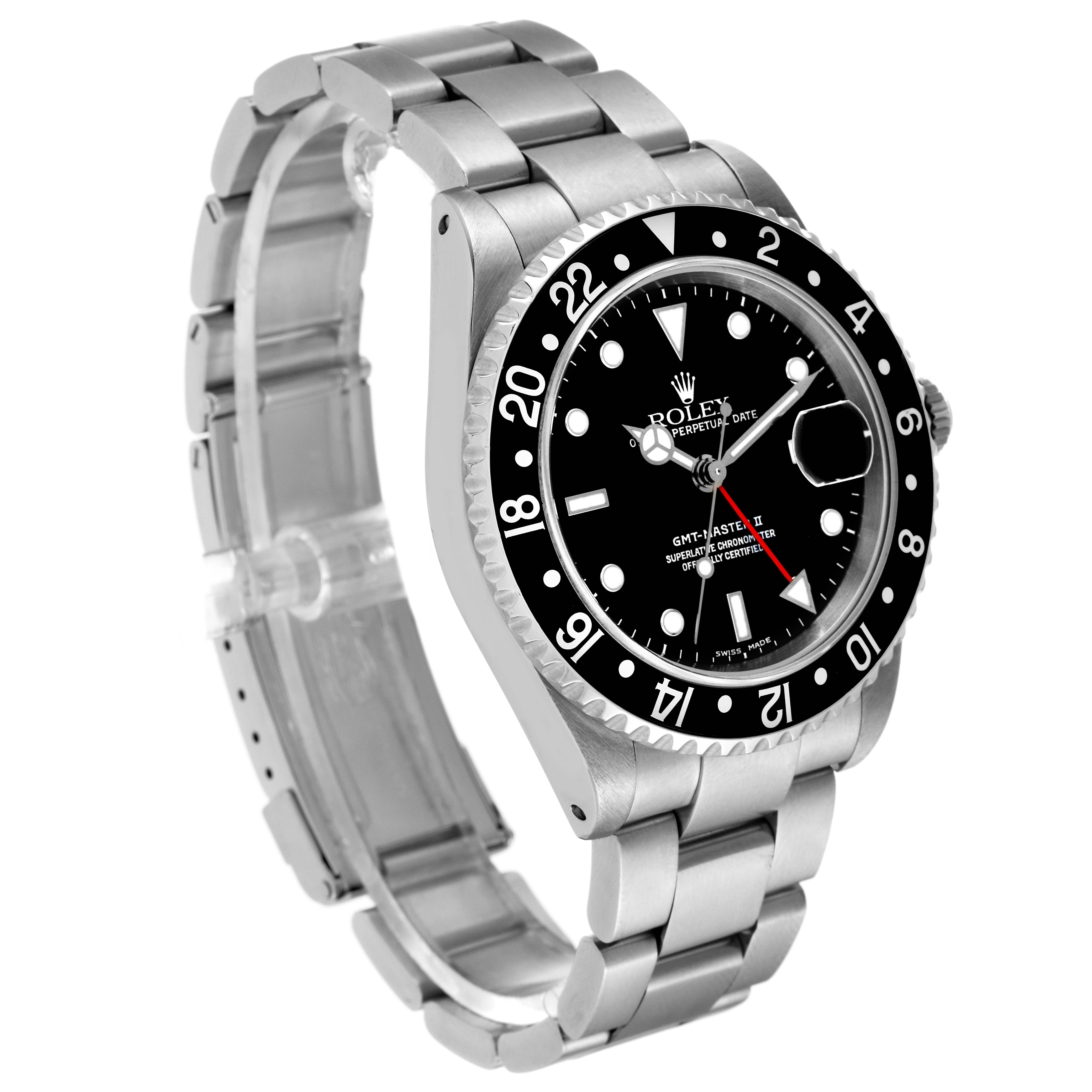 The Rolex GMT-Master 16710 Men's Stainless Steel Black Dial 16710 Men's Stainless Steel Black Dial watch is shown at a slight angle with a focus on its face, bezel, and stainless steel bracelet.