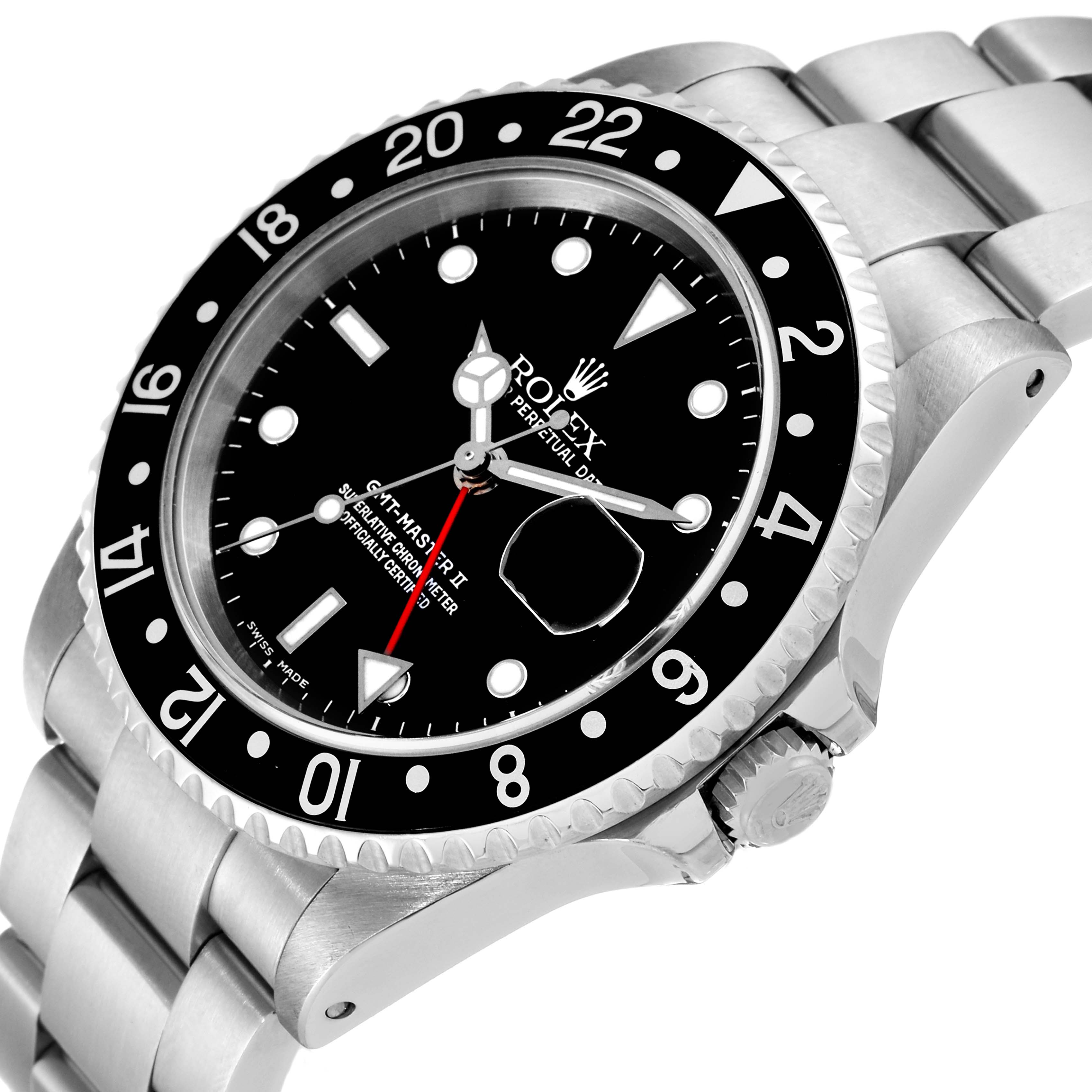This image shows a close-up angle of a Rolex GMT-Master 16710 Men's Stainless Steel Black Dial 16710 Men's Stainless Steel Black Dial II watch, highlighting the black bezel, dial, and stainless steel bracelet.