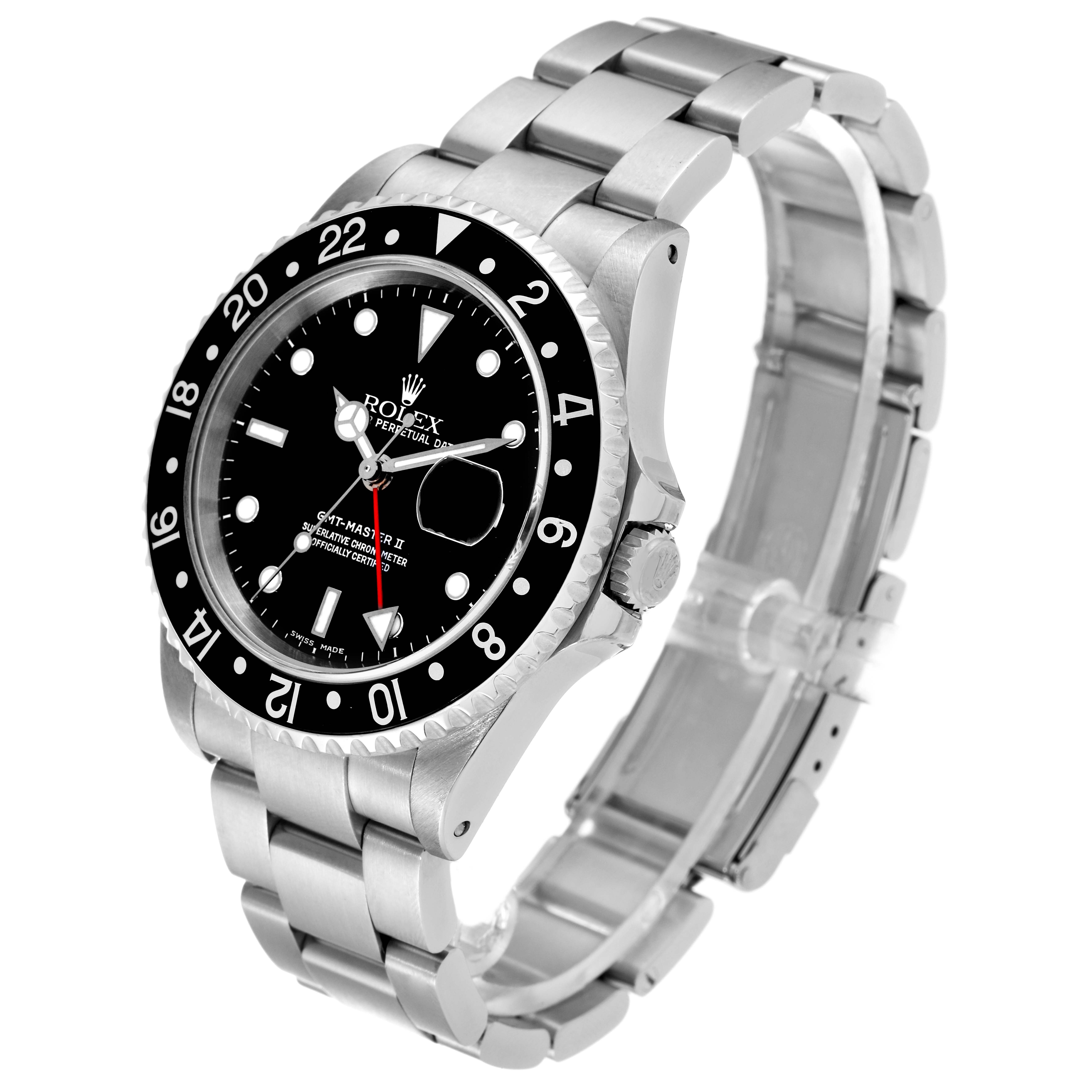 This image shows a side-angle view of a Rolex GMT-Master 16710 Men's Stainless Steel Black Dial 16710 Men's Stainless Steel Black Dial watch, highlighting its bezel, dial, and bracelet.