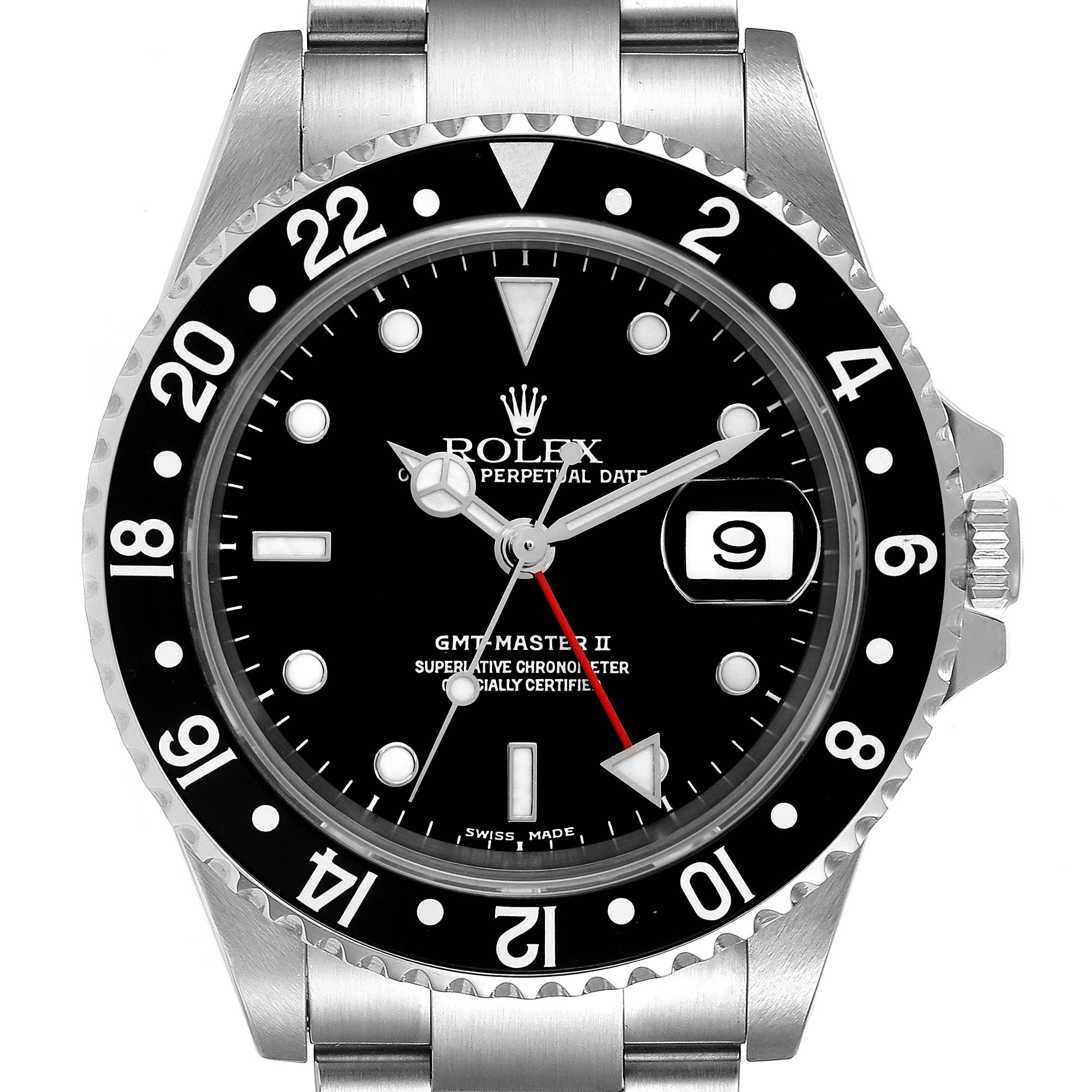 This is a front view of the Rolex GMT-Master 16710 Men's Stainless Steel Black Dial 16710 Men's Stainless Steel Black Dial II, showing the dial, bezel, date window, and part of the bracelet.