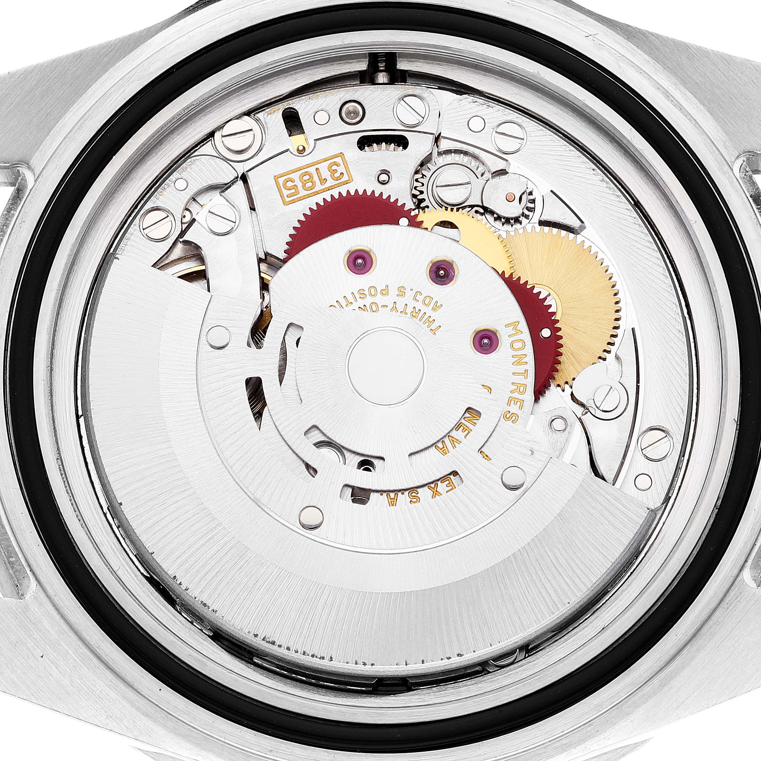 This image shows the internal mechanism of a Rolex GMT-Master 16710 Men's Stainless Steel Black Dial 16710 Men's Stainless Steel Black Dial watch, viewed from the back with its case opened.