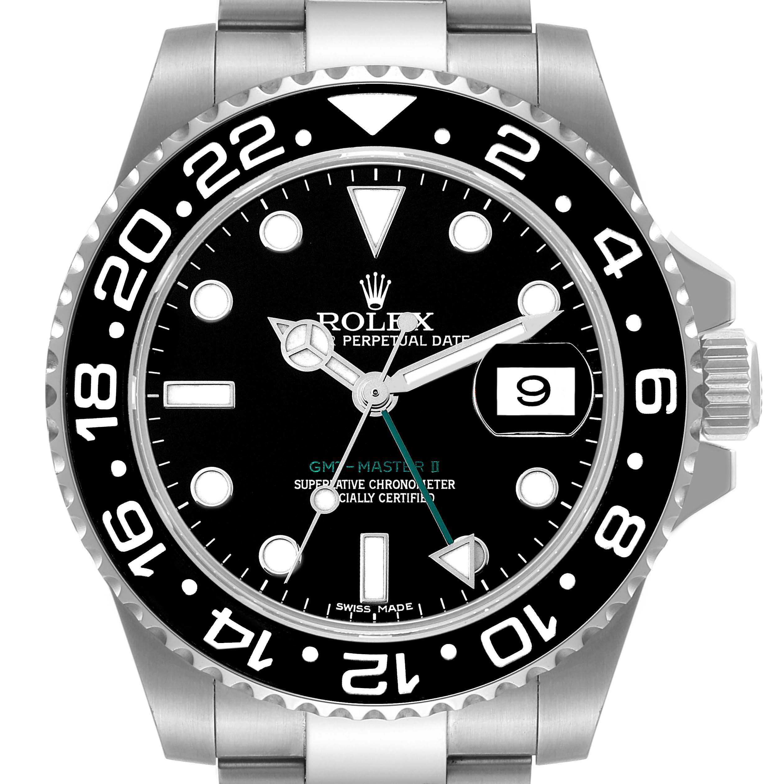 The image shows a front view of the Rolex GMT-Master 116710 Men's Stainless Steel Black Dial 116710 Men's Stainless Steel Black Dial II watch, highlighting its black dial, date window, and bezel with 24-hour markers.
