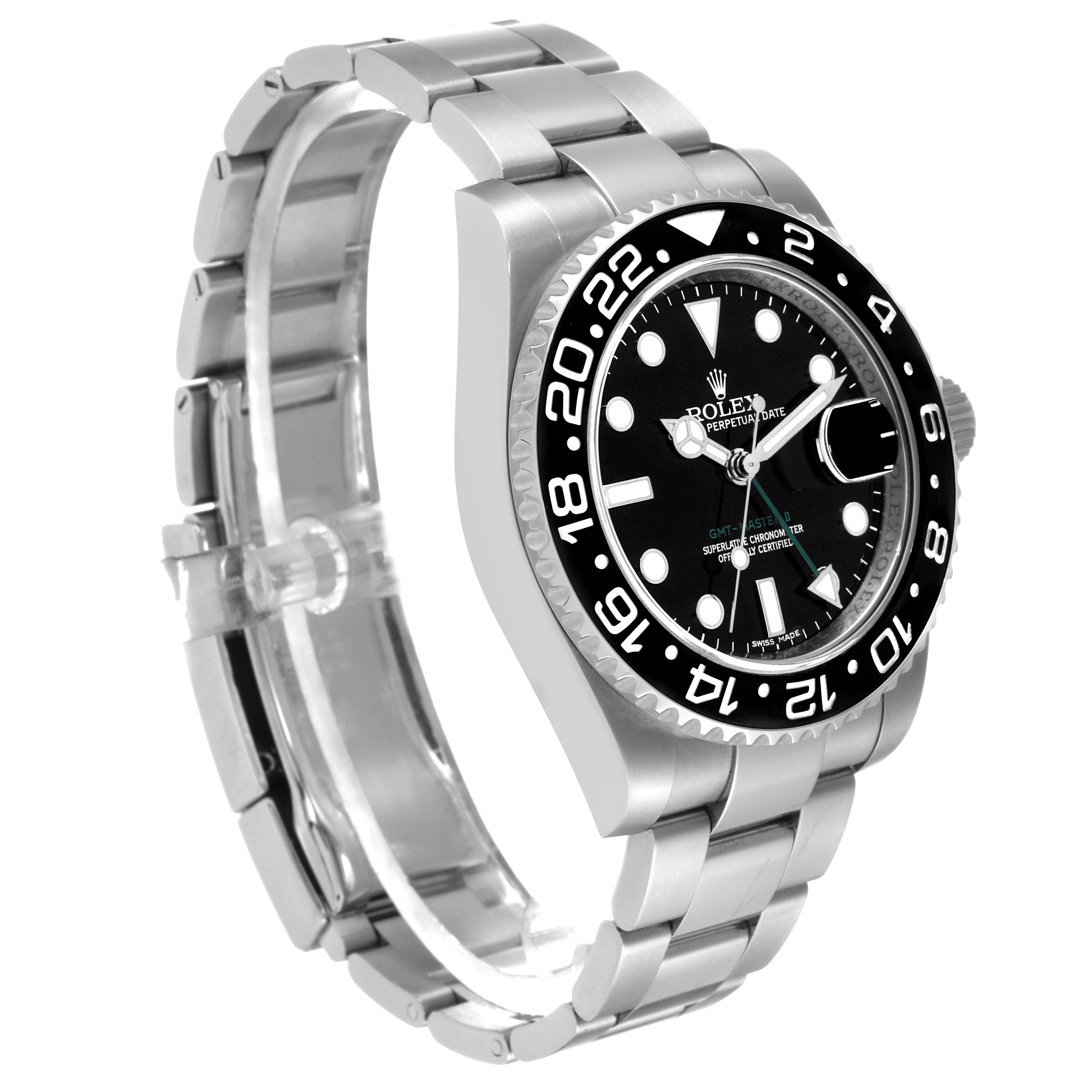 The image shows a side angle view of a Rolex GMT-Master 116710 Men's Stainless Steel Black Dial 116710 Men's Stainless Steel Black Dial watch, including the bezel, dial, case, and part of the bracelet.