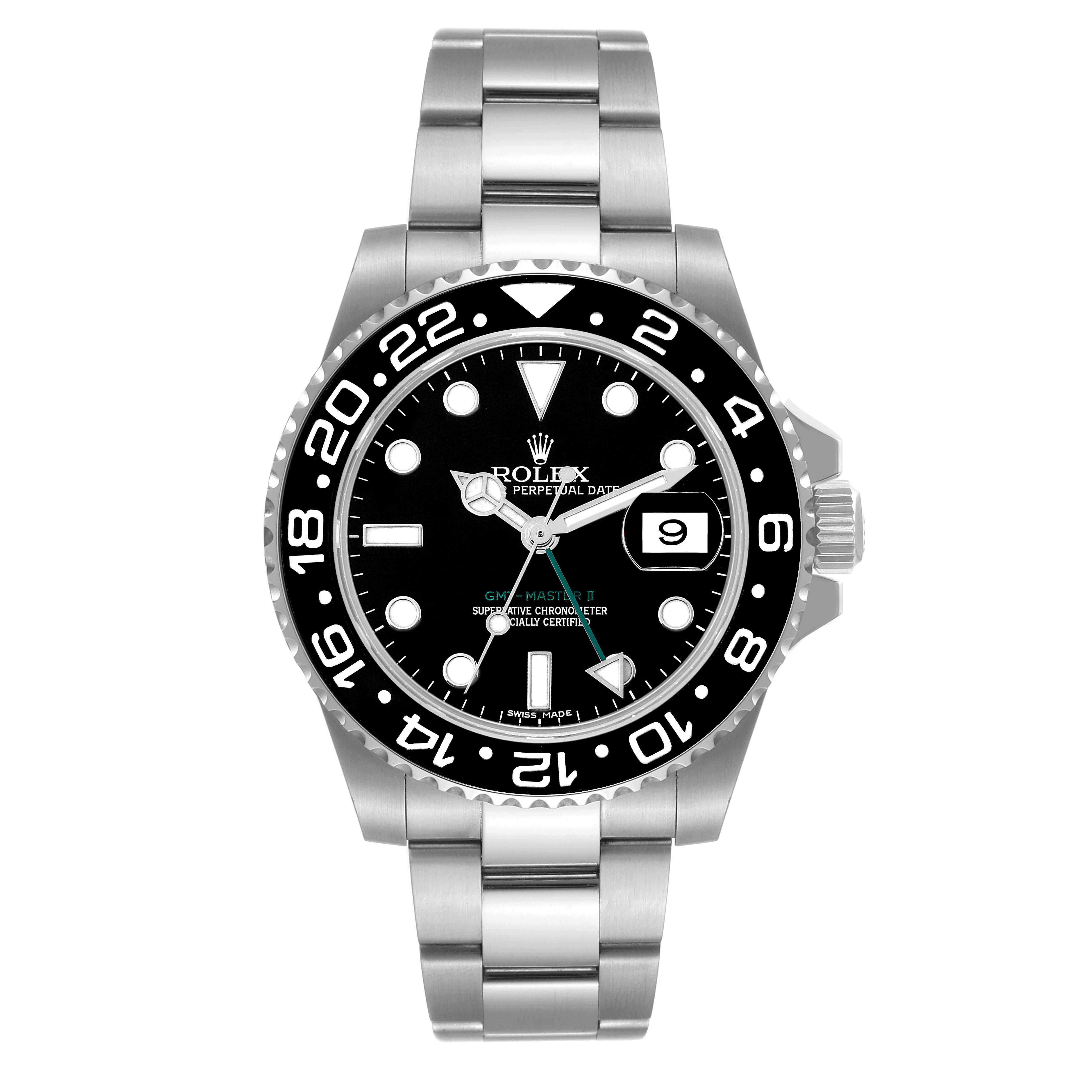 This image depicts a frontal view of a Rolex GMT-Master 116710 Men's Stainless Steel Black Dial 116710 Men's Stainless Steel Black Dial watch, showing its face, bezel, case, and bracelet.
