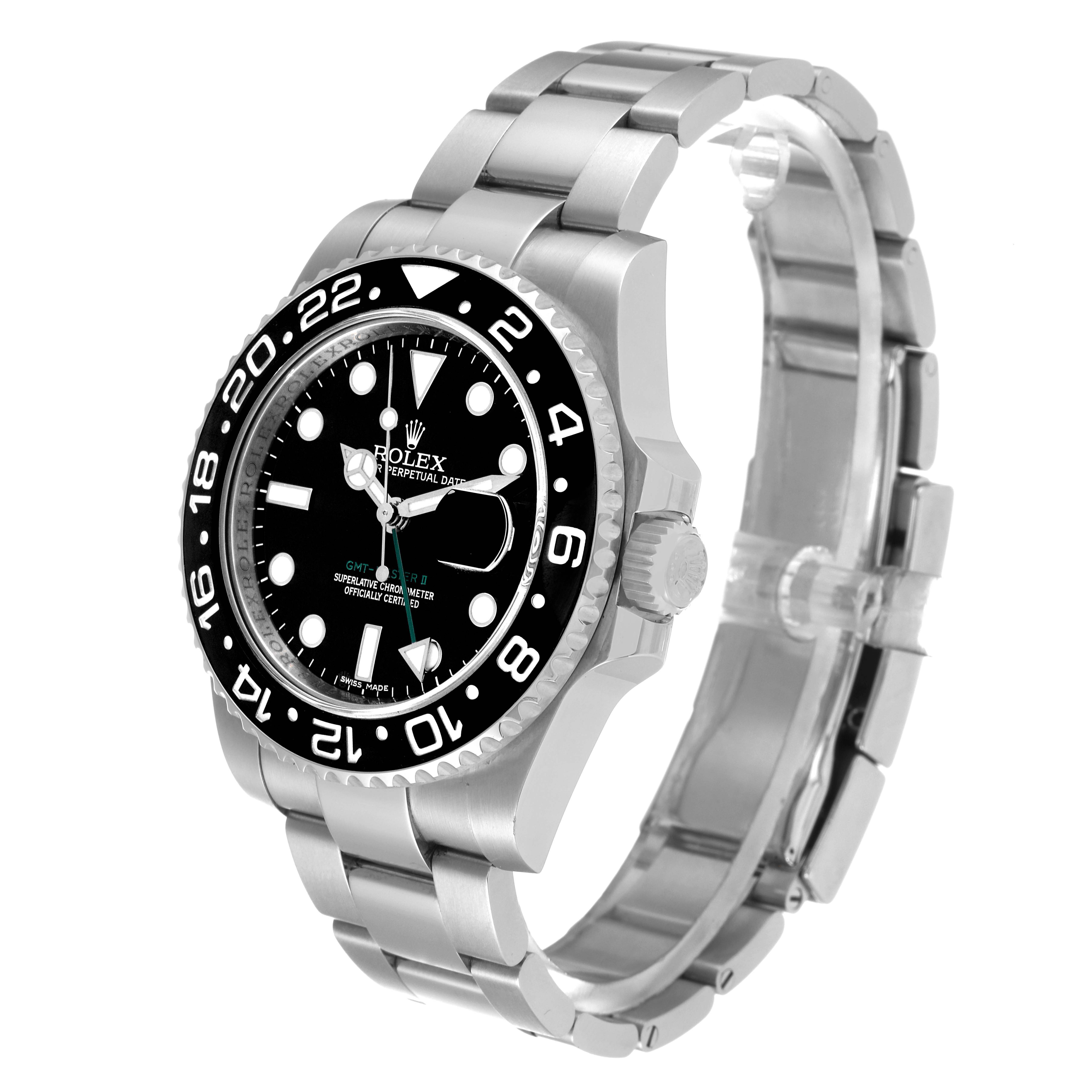 This image shows a Rolex GMT-Master 116710 Men's Stainless Steel Black Dial 116710 Men's Stainless Steel Black Dial watch from a three-quarter angle, highlighting the face, bezel, crown, and bracelet.