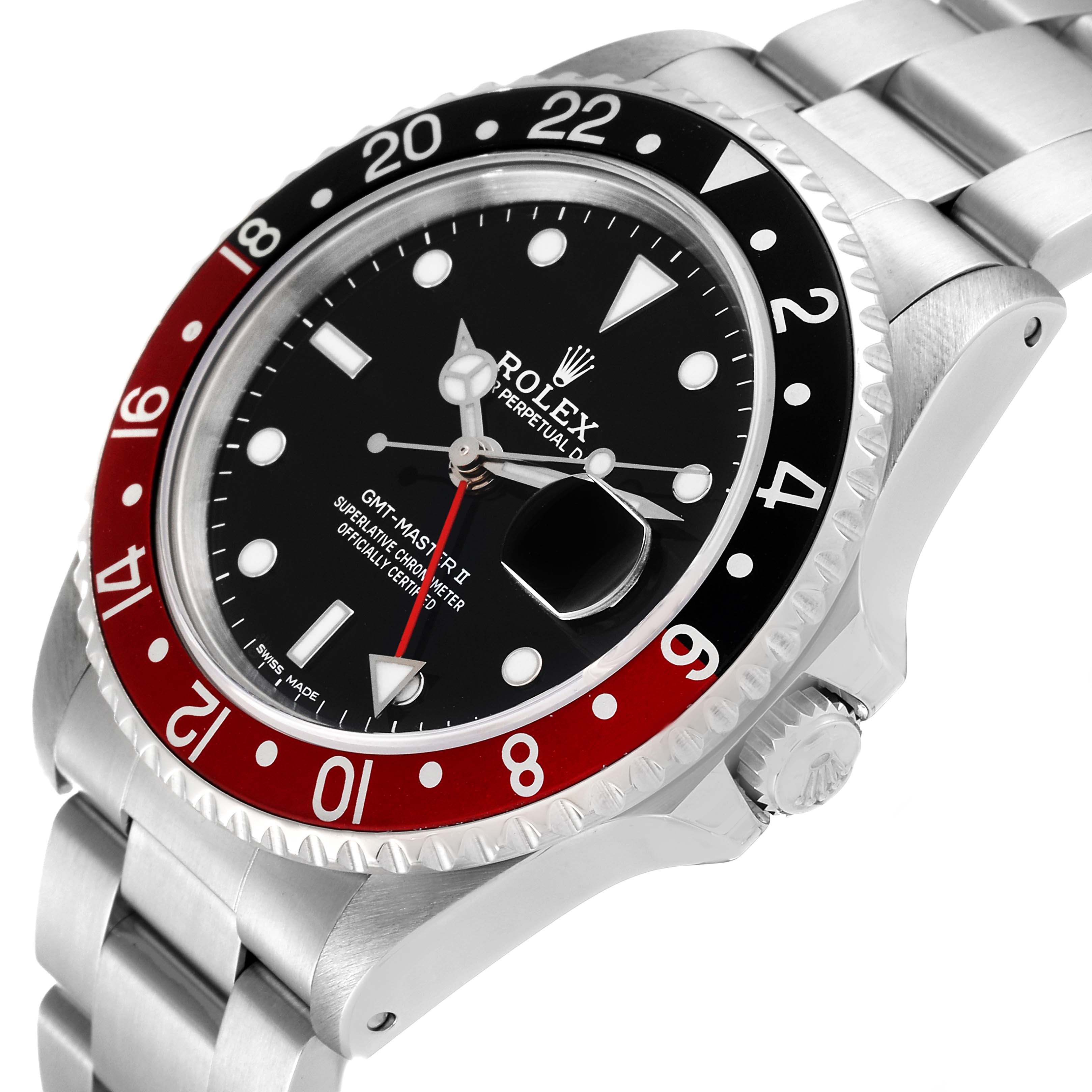 The Rolex GMT-Master 16710 Men
s Stainless Steel Black Dial 16710 Men
s Stainless Steel Black Dial watch is shown at a slight side angle, displaying the watch face, bezel, crown, and part of the bracelet.