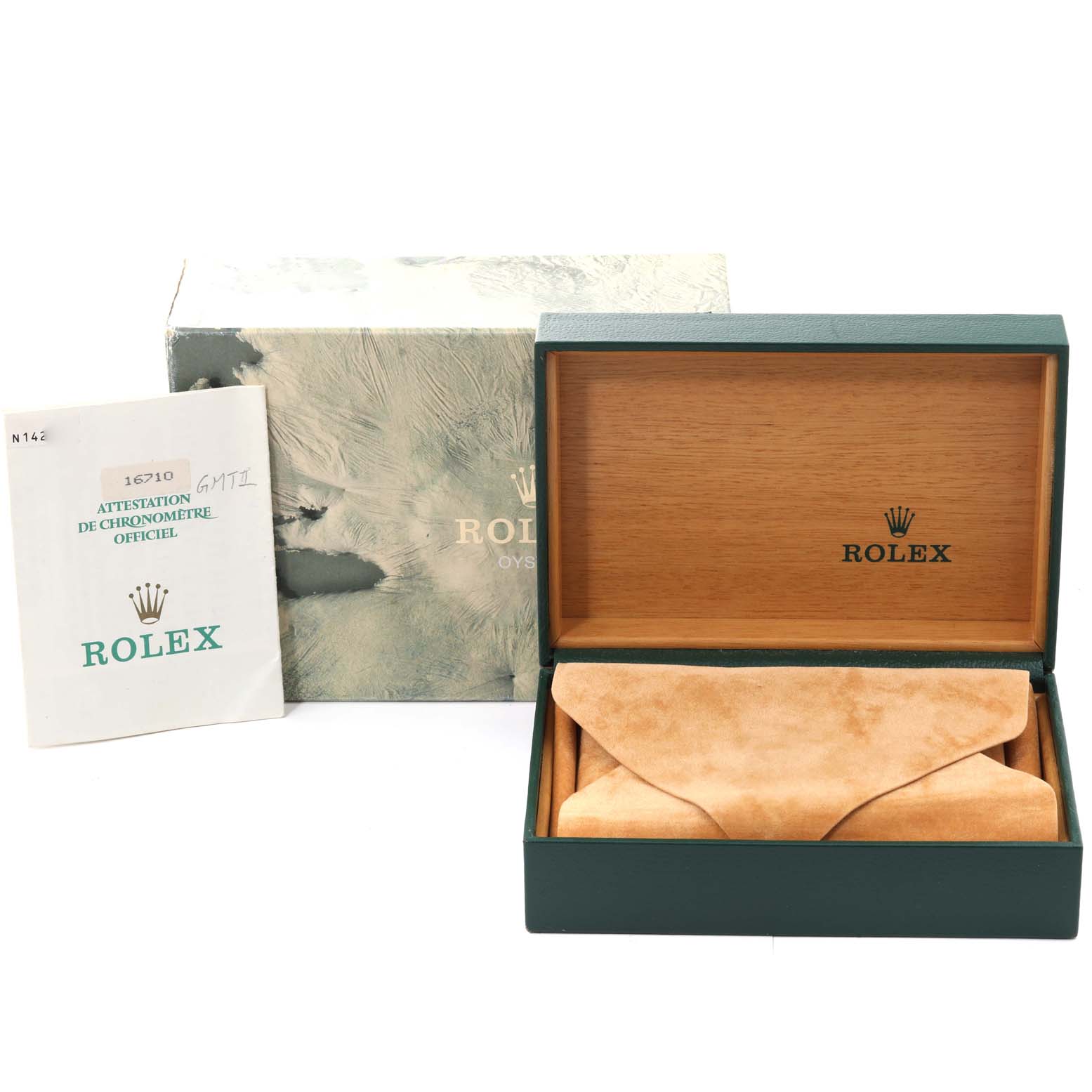 This image shows an open Rolex GMT-Master 16710 Men
s Stainless Steel Black Dial 16710 Men
s Stainless Steel Black Dial watch box with the exterior box and manual visible from a front angle.