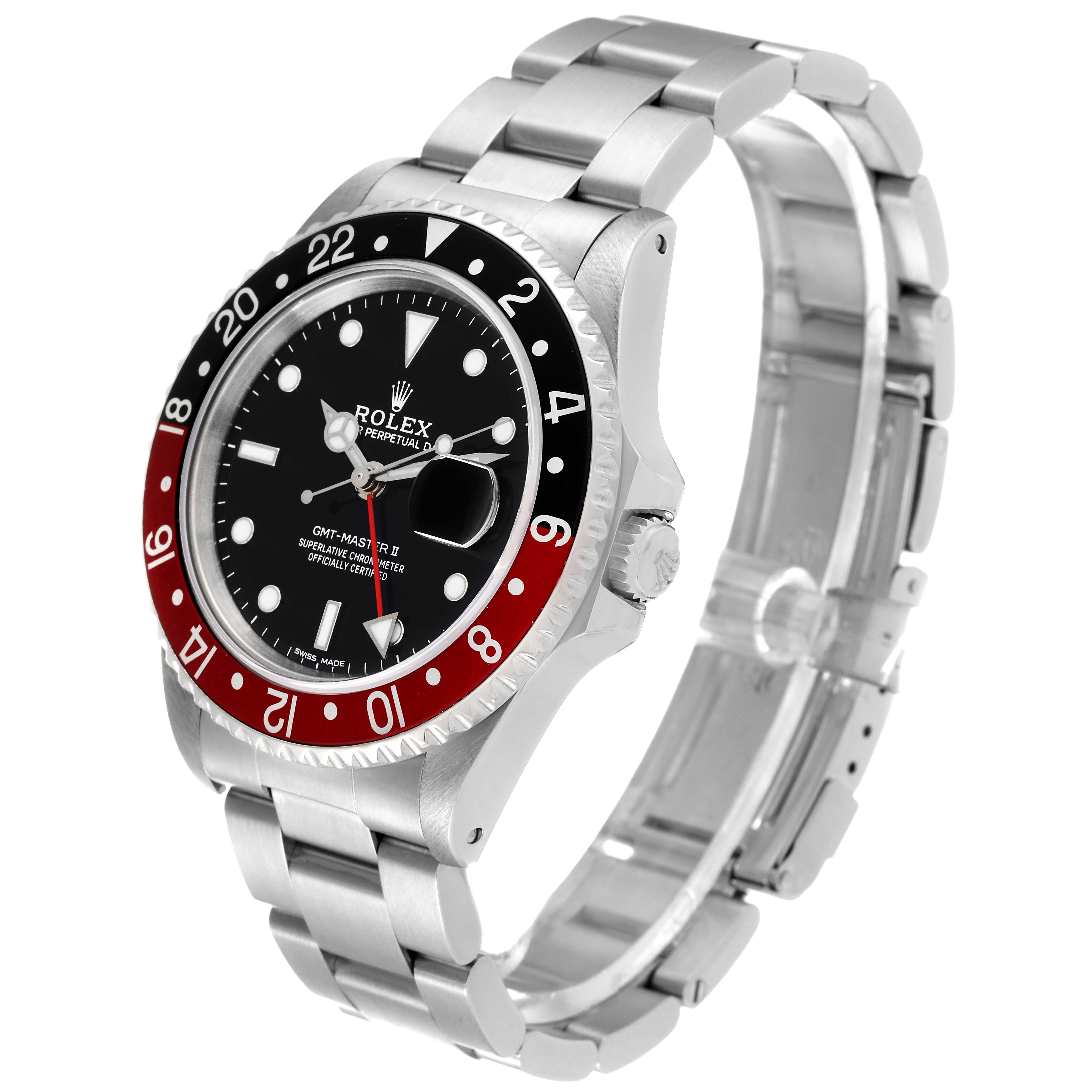 The Rolex GMT-Master 16710 Men
s Stainless Steel Black Dial 16710 Men
s Stainless Steel Black Dial watch is shown at a three-quarter angle, highlighting the dial, bezel, and bracelet.