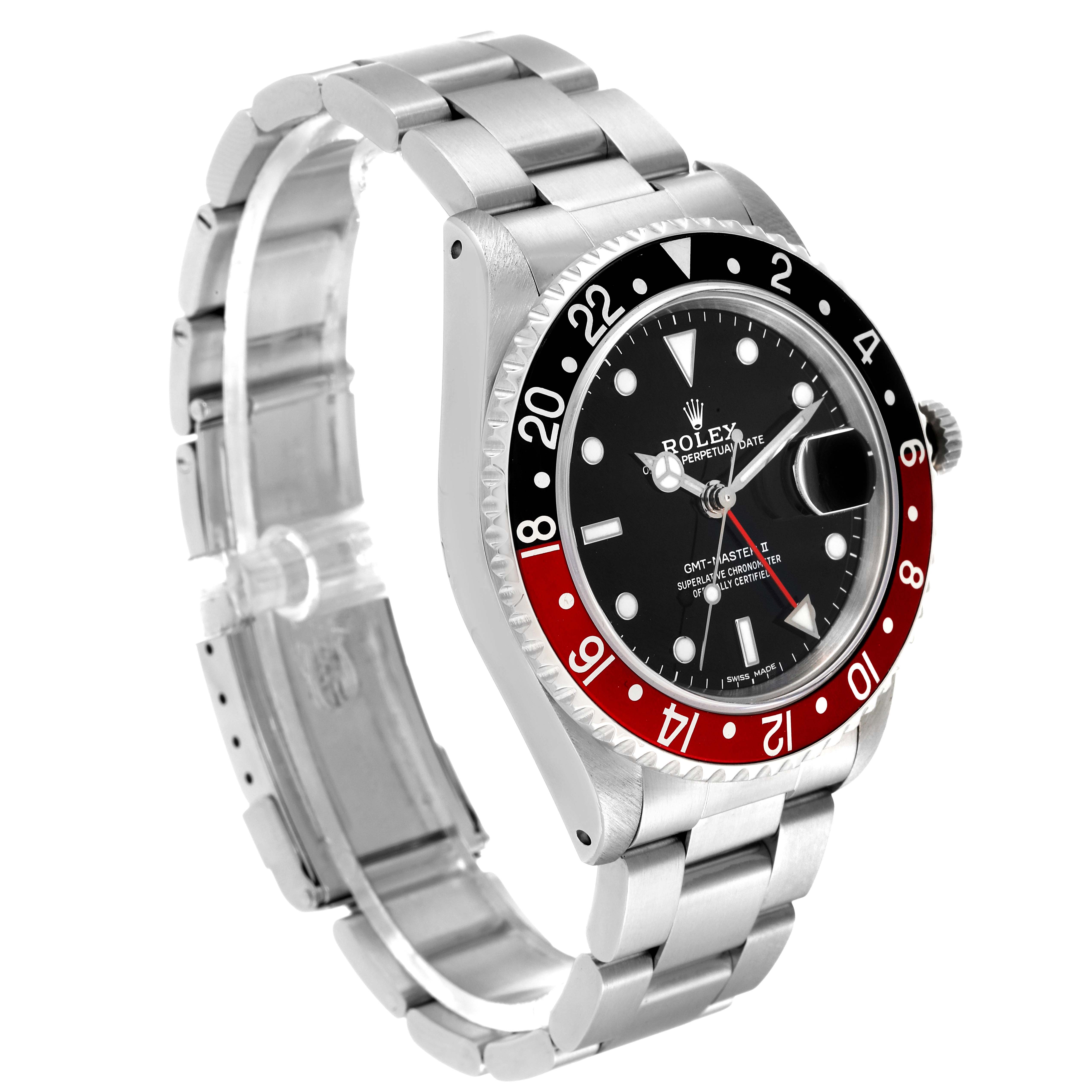 The Rolex GMT-Master 16710 Men
s Stainless Steel Black Dial 16710 Men
s Stainless Steel Black Dial watch is shown at an angled side view, highlighting its bezel, dial, and stainless steel bracelet.