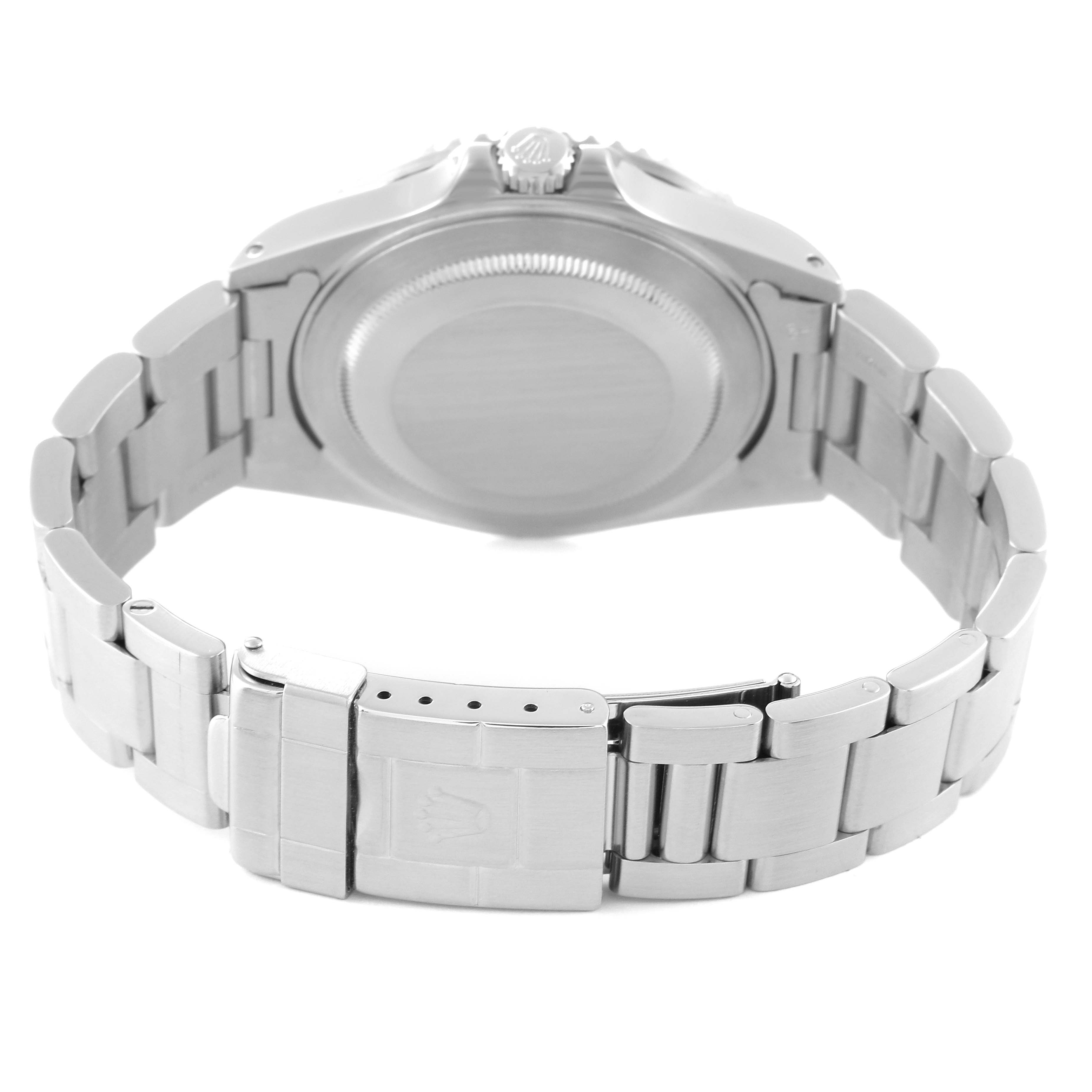 This image shows the back view of a Rolex GMT-Master 16710 Men
s Stainless Steel Black Dial 16710 Men
s Stainless Steel Black Dial watch, focusing on the case back and stainless steel bracelet with the clasp visible.