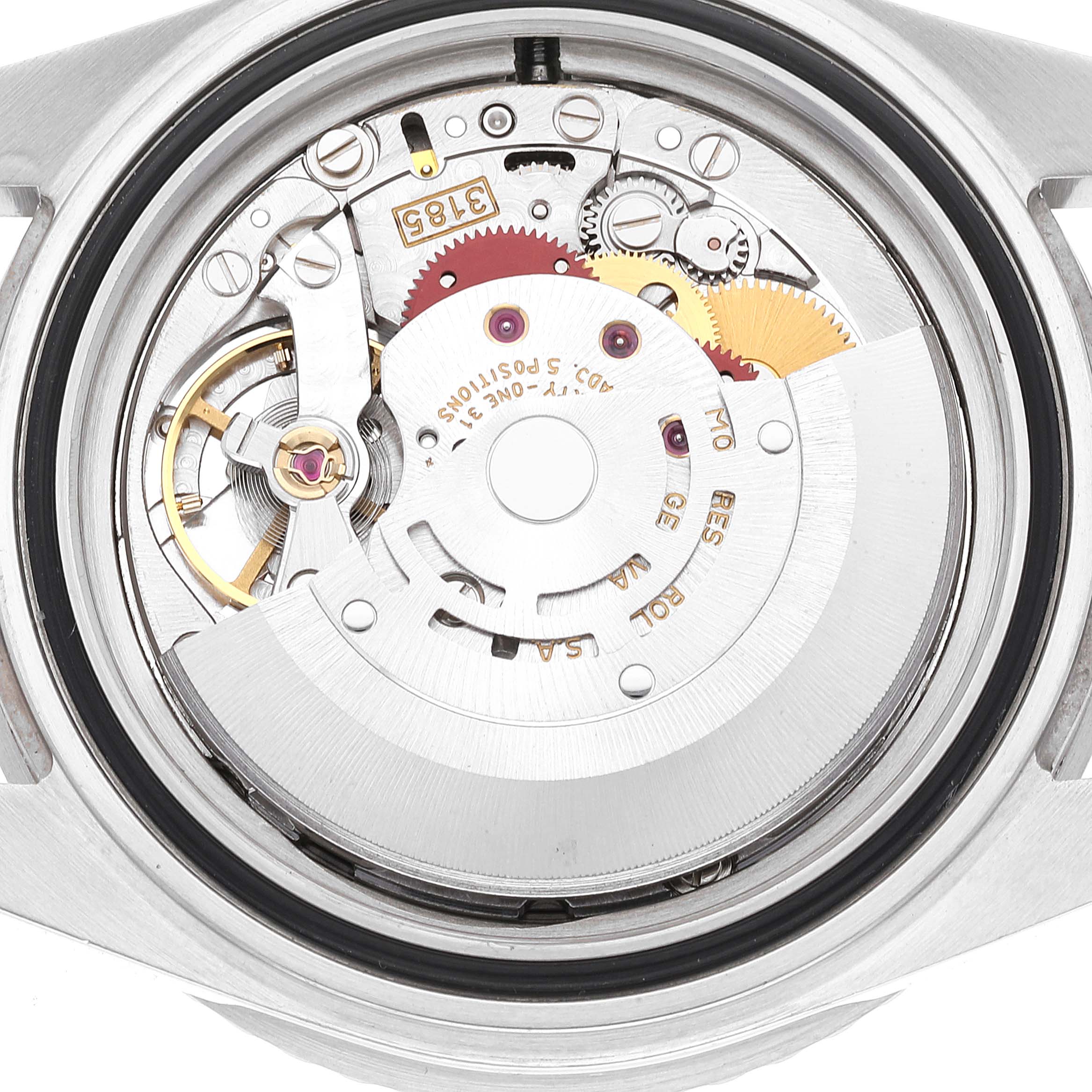 This image shows a close-up view of the Rolex GMT-Master 16710 Men
s Stainless Steel Black Dial 16710 Men
s Stainless Steel Black Dial
s movement and internal mechanism from the back.