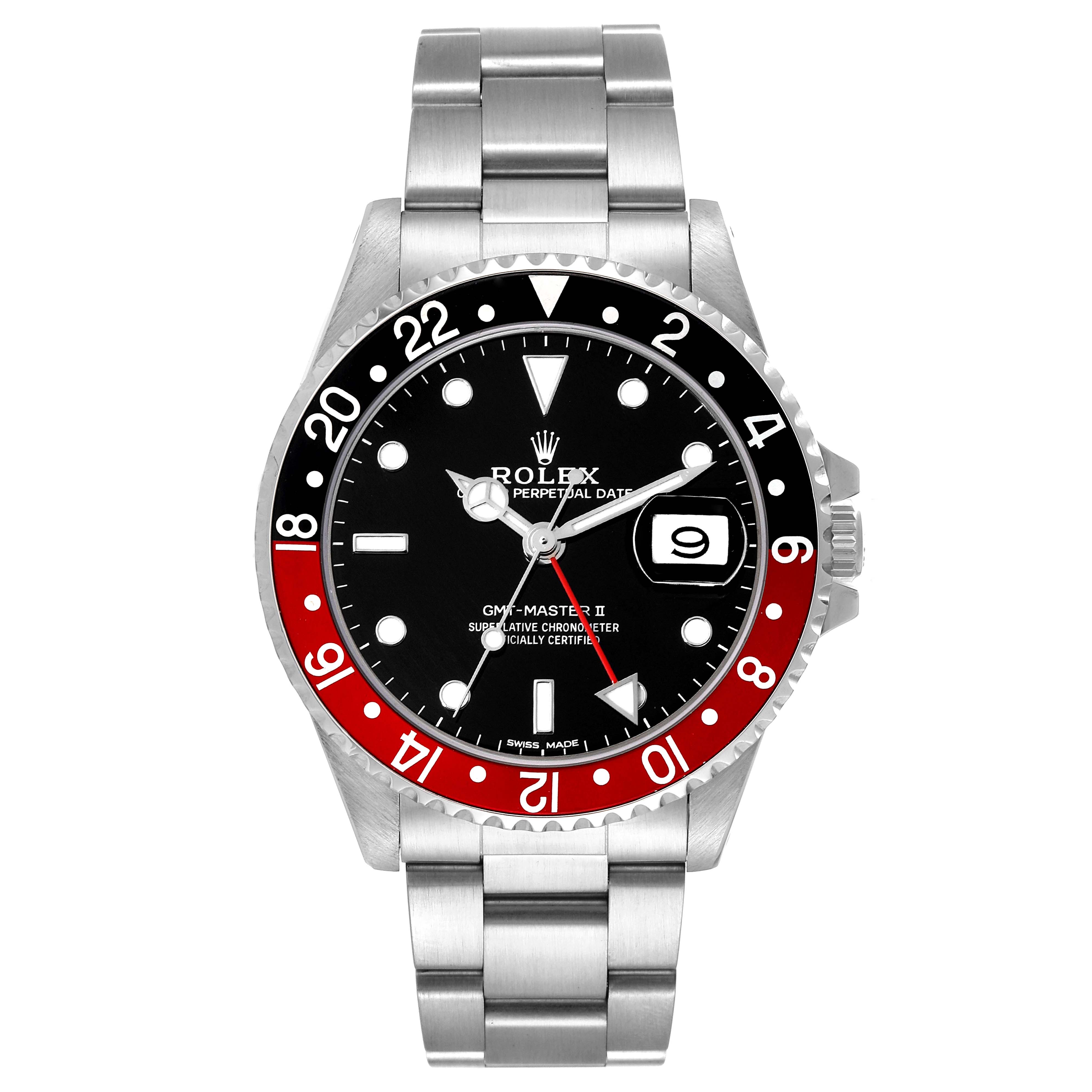 The image shows a front view of the Rolex GMT-Master 16710 Men
s Stainless Steel Black Dial 16710 Men
s Stainless Steel Black Dial II watch, highlighting its bezel, dial, and bracelet.