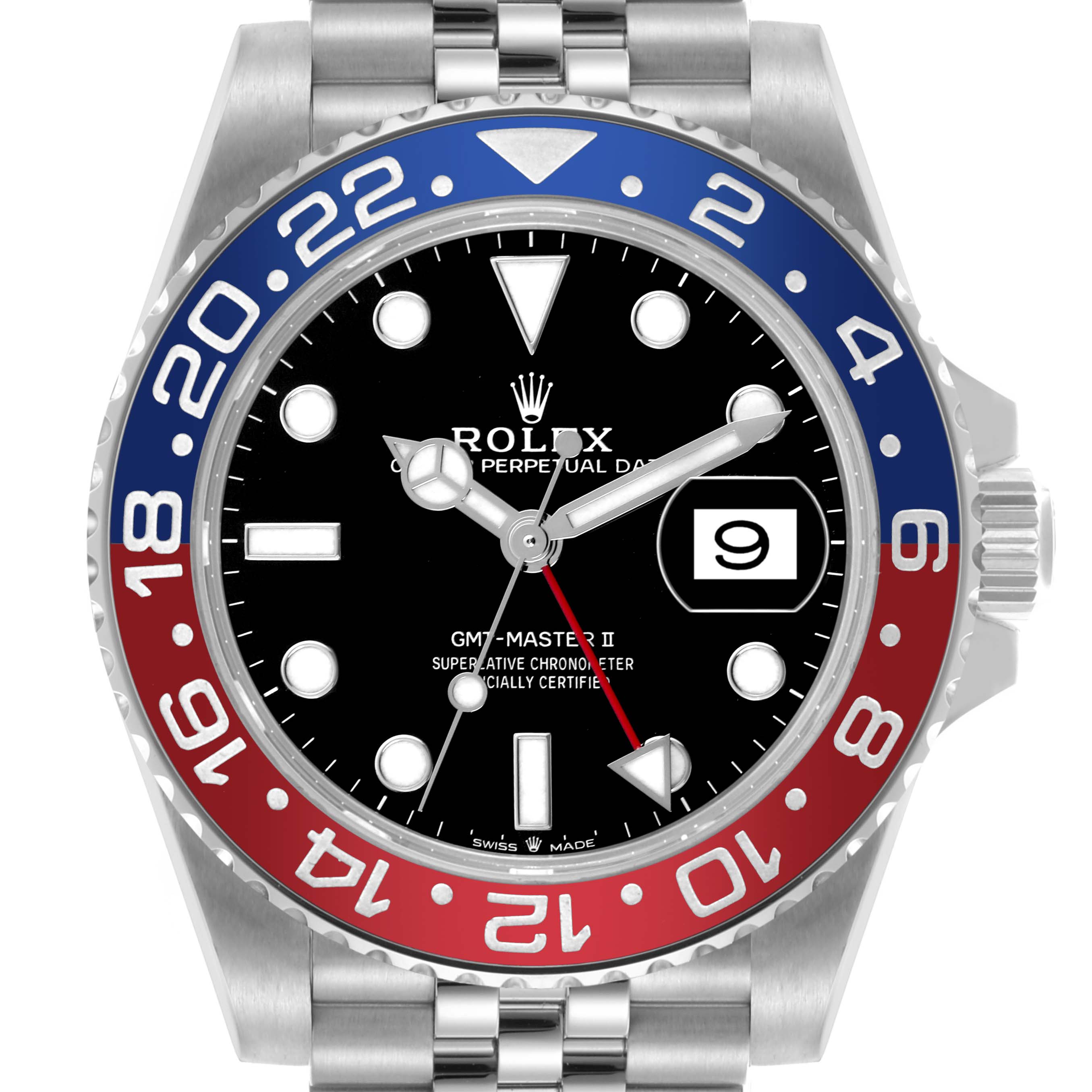 The Rolex GMT-Master 126710BLRO Men's Stainless Steel Black Dial 126710BLRO Men's Stainless Steel Black Dial II watch is shown from a direct front angle, displaying the bezel, dial, and bracelet.