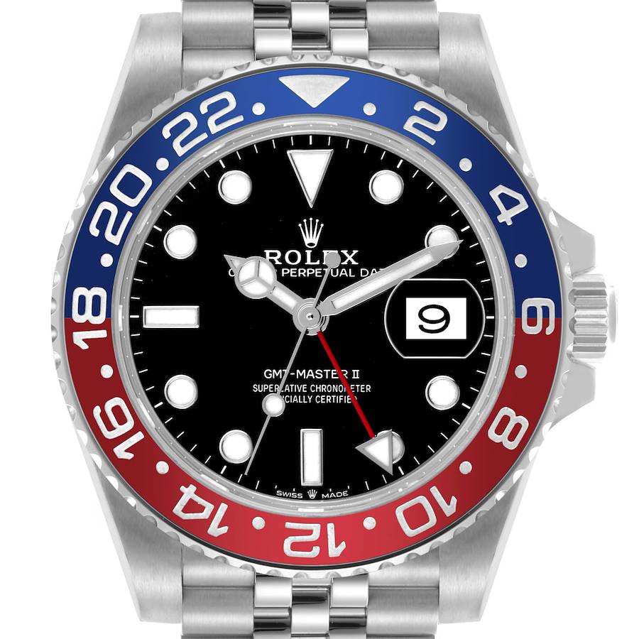 The Rolex GMT-Master II watch is shown from a direct front angle, displaying the bezel, dial, and bracelet.