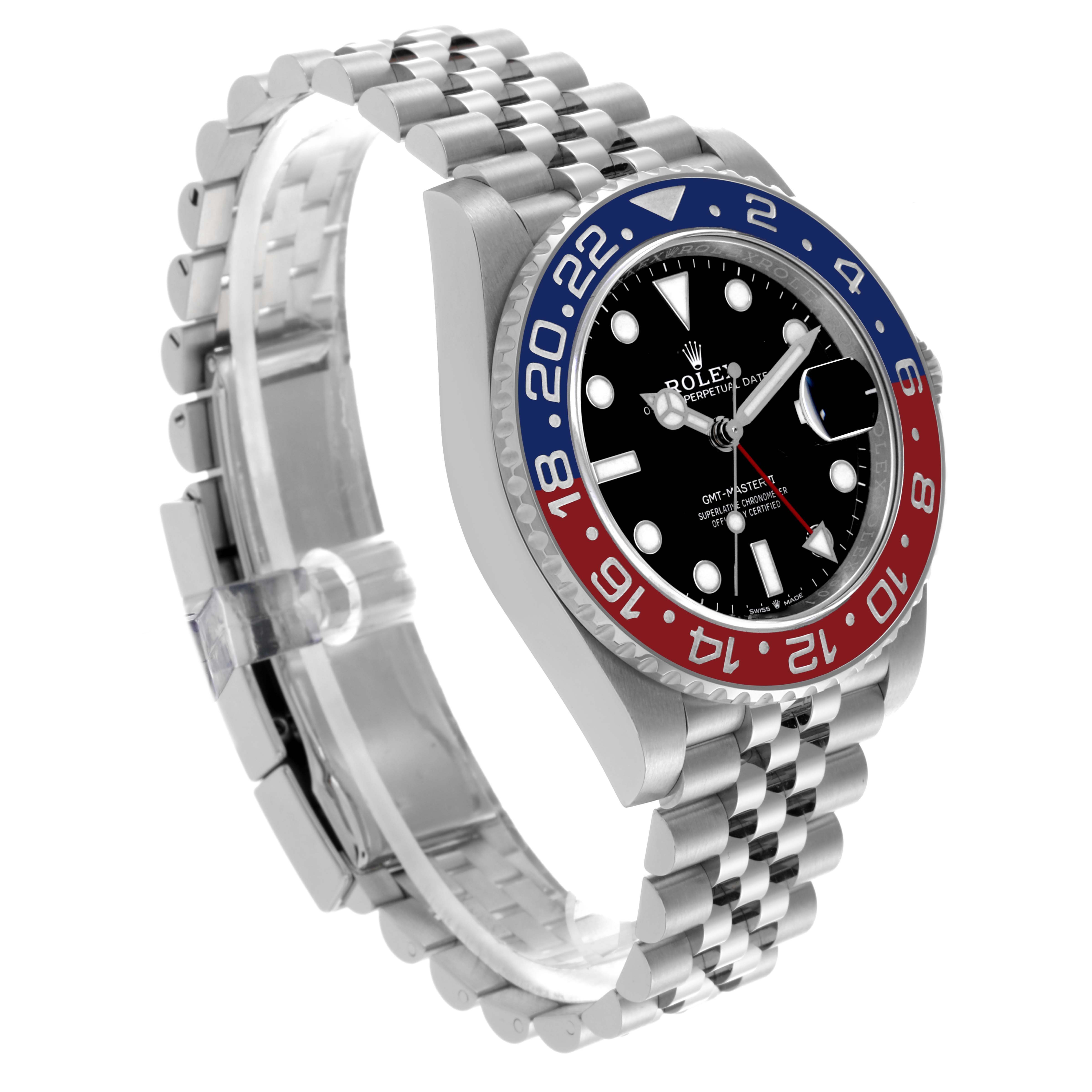 The Rolex GMT-Master 126710BLRO Men's Stainless Steel Black Dial 126710BLRO Men's Stainless Steel Black Dial watch is shown at a front angle, displaying its bezel, case, dial, and Jubilee bracelet.